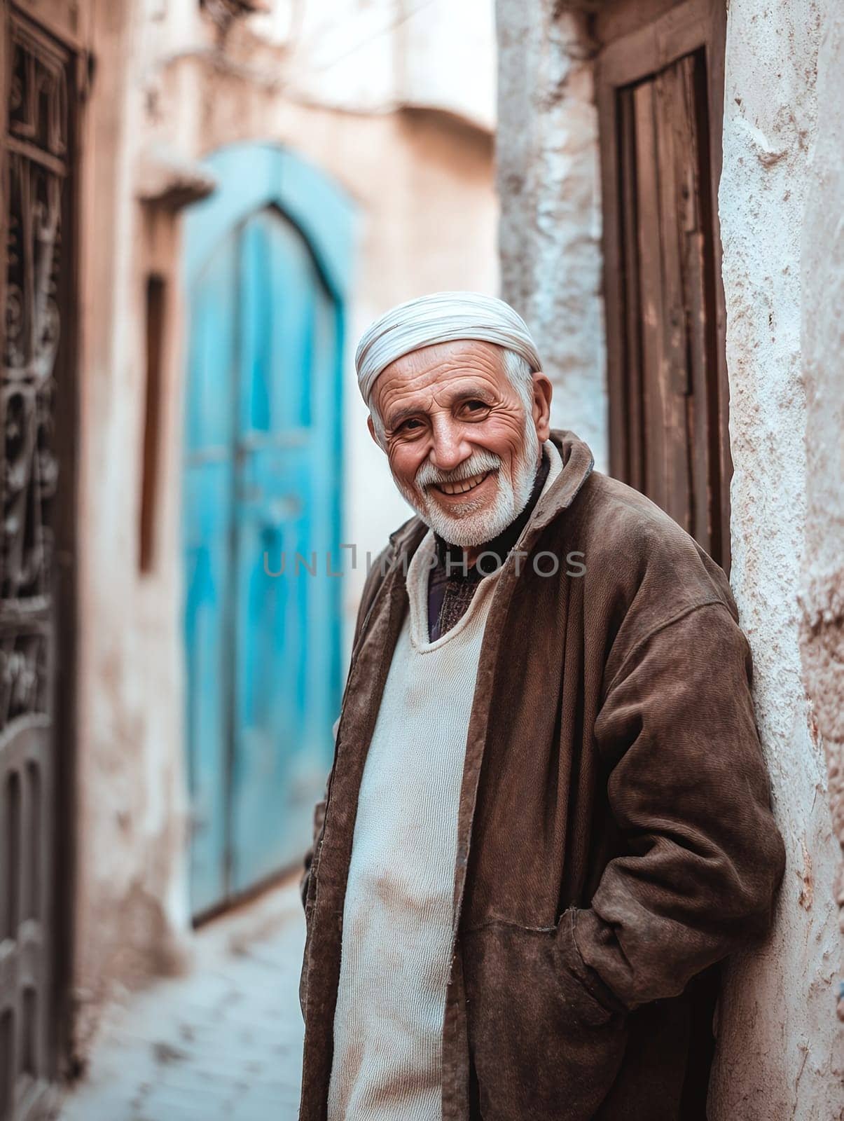Cheerful elderly man smiling warmly while standing in a rustic alleyway.