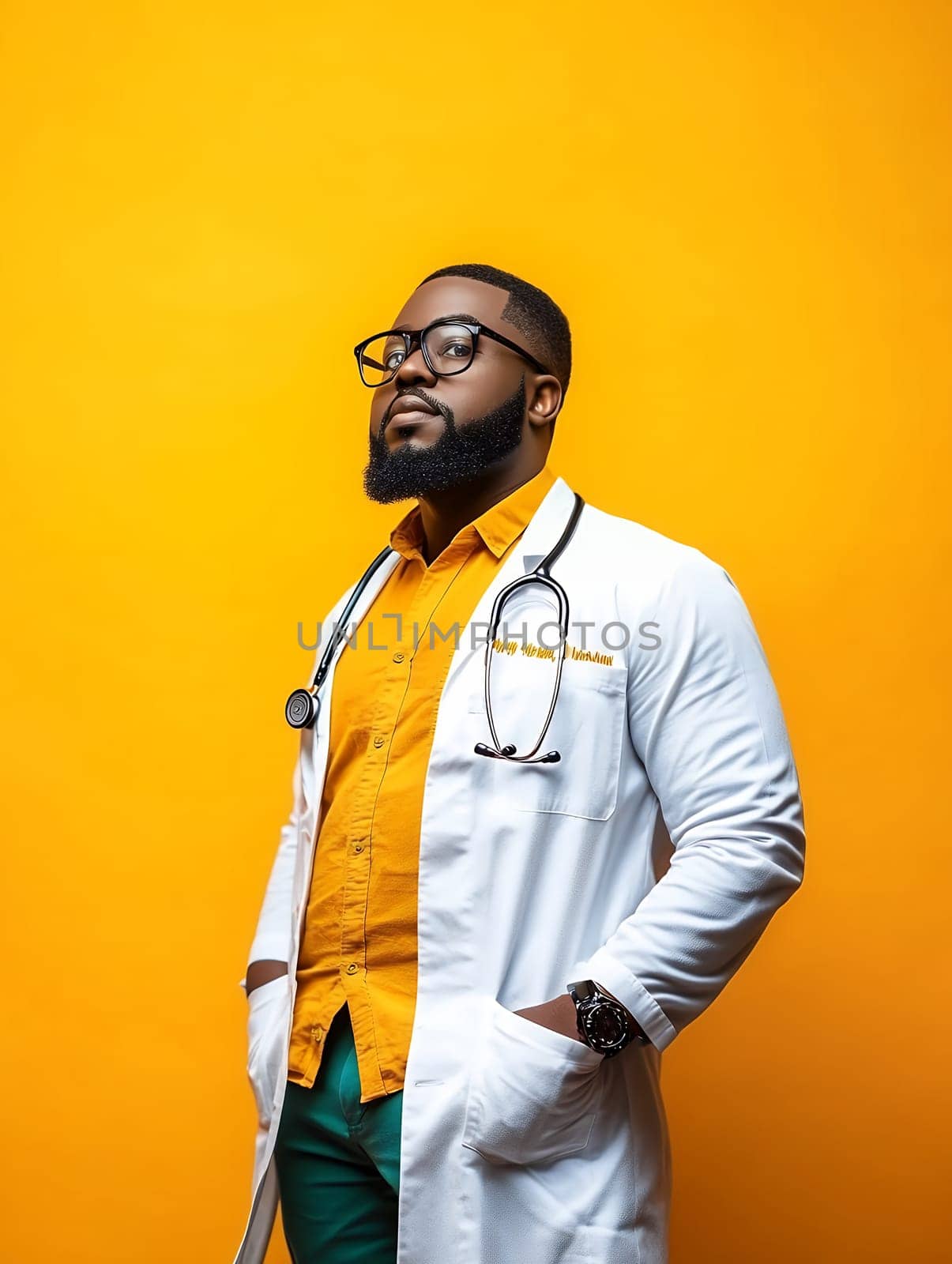 Doctor in white coat with stethoscope on a vibrant background, symbolizing healthcare and professionalism.
