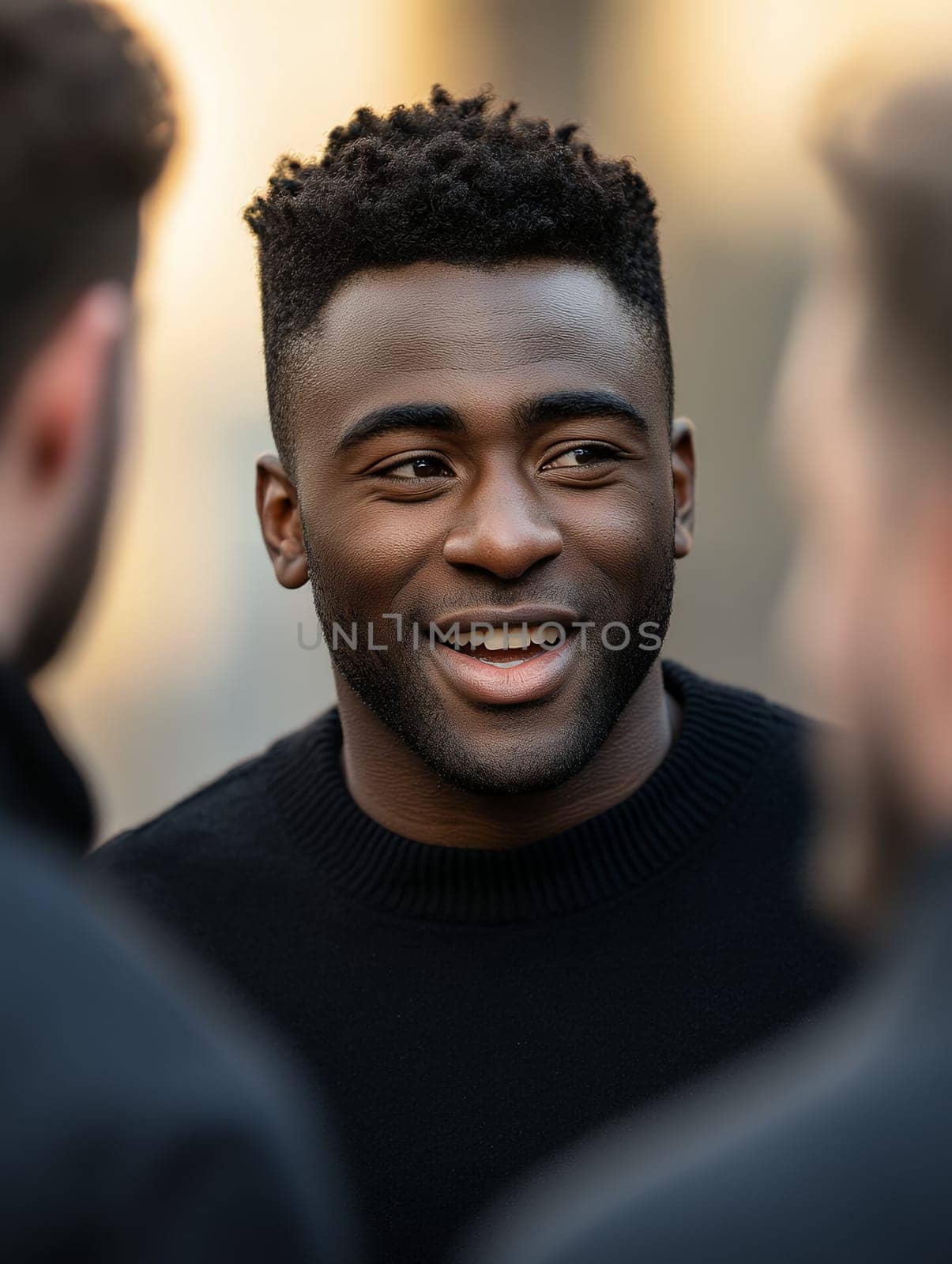Young man with a bright smile engaged in conversation, showcasing a moment of connection and friendliness.