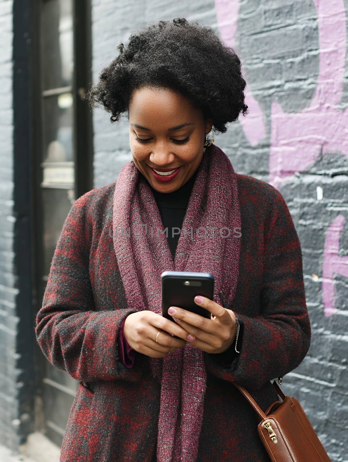 Stylish woman smiling while texting on her phone in an urban outdoor setting.