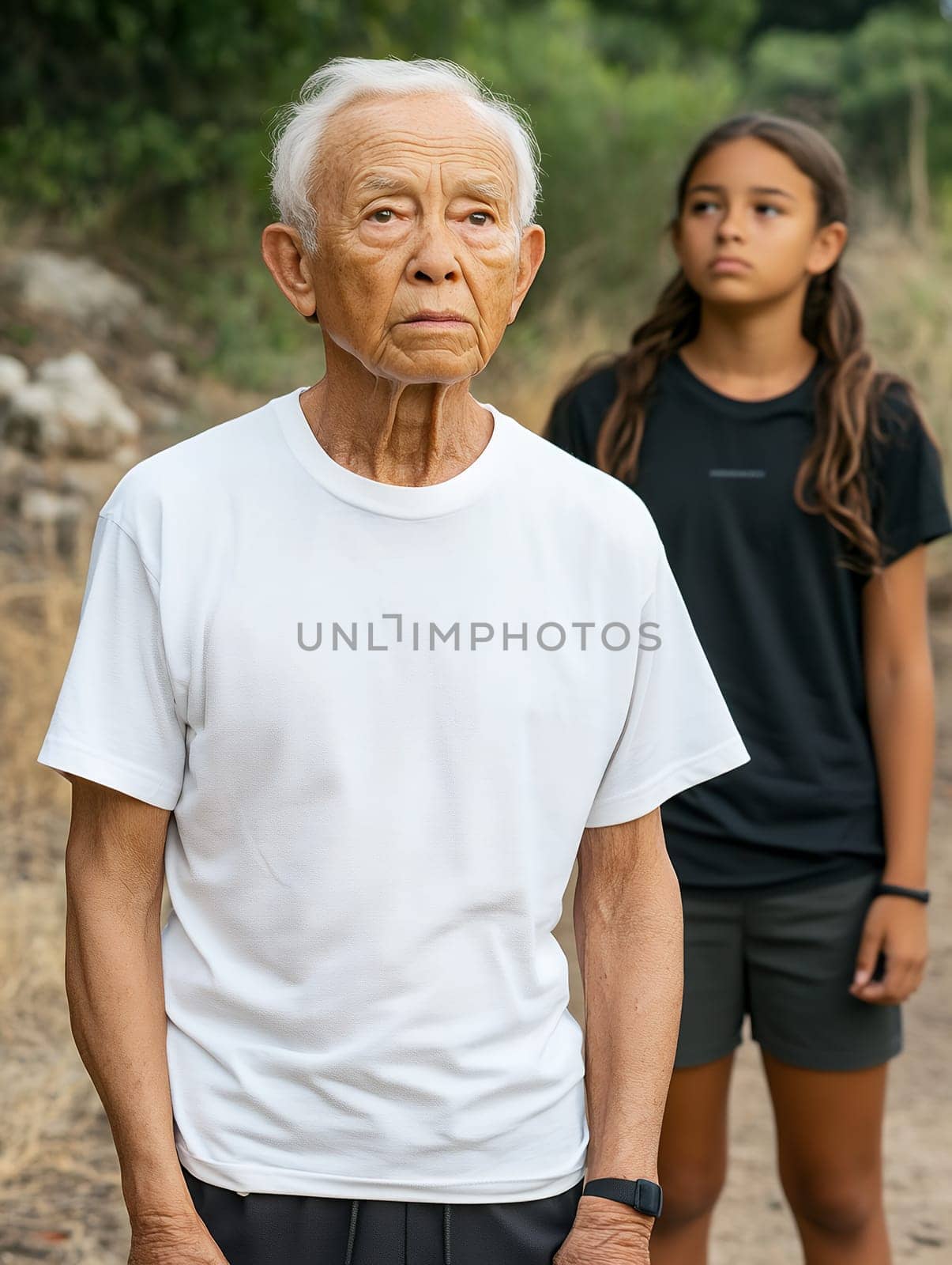 Elderly man and young girl walking outdoors, symbolizing generational connection and wisdom.