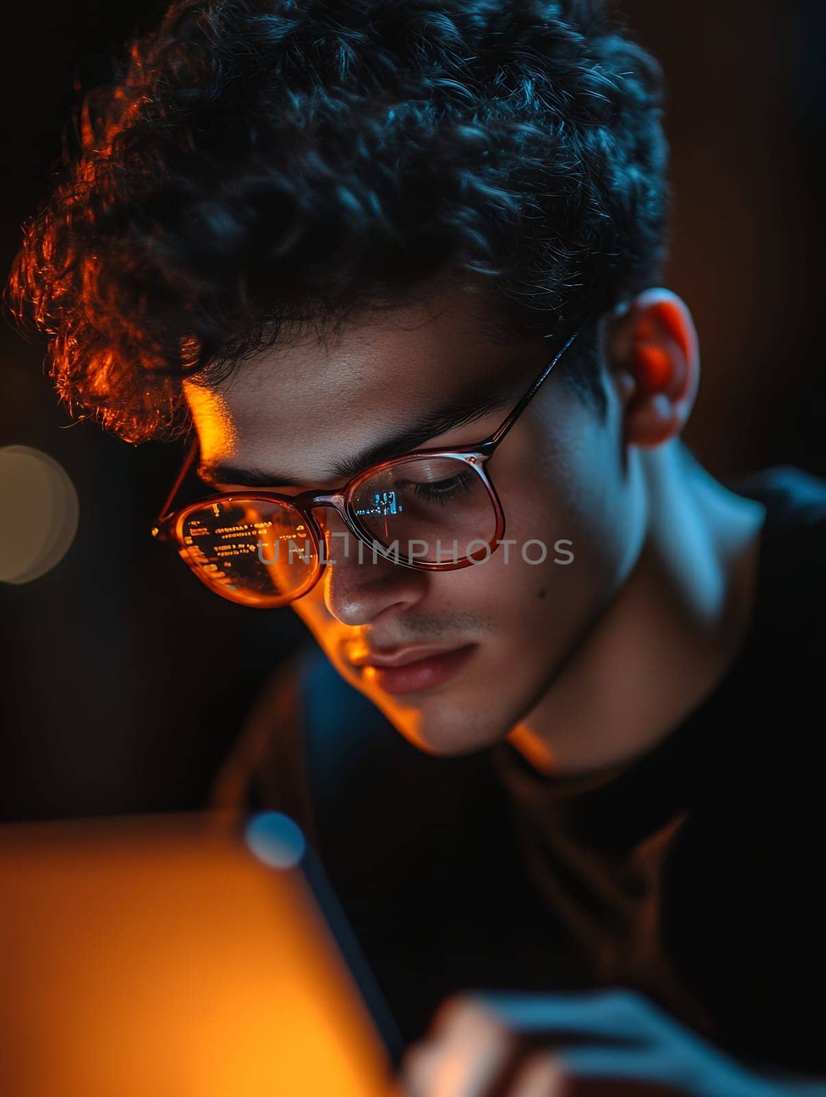 Young man wearing glasses focused on a glowing screen at night, reflecting concentration and determination.