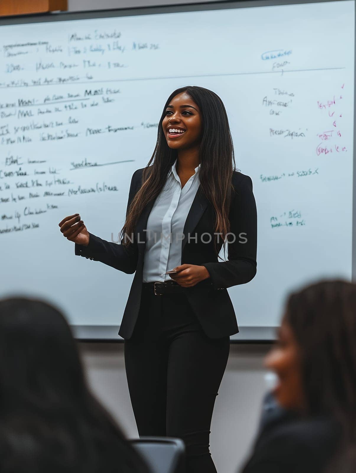 Confident businesswoman in a suit giving a presentation, embodying leadership and professionalism.