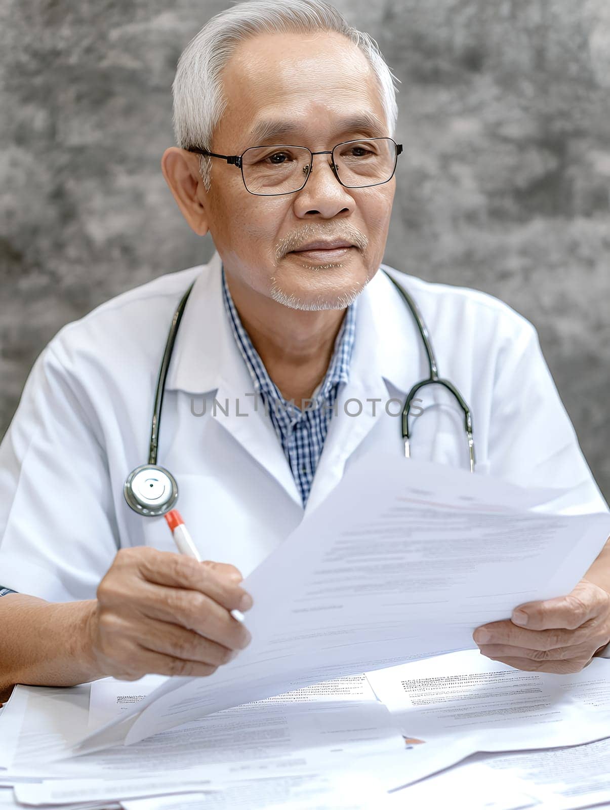 Experienced senior doctor in a white coat reviewing important medical documents, symbolizing expertise and care.