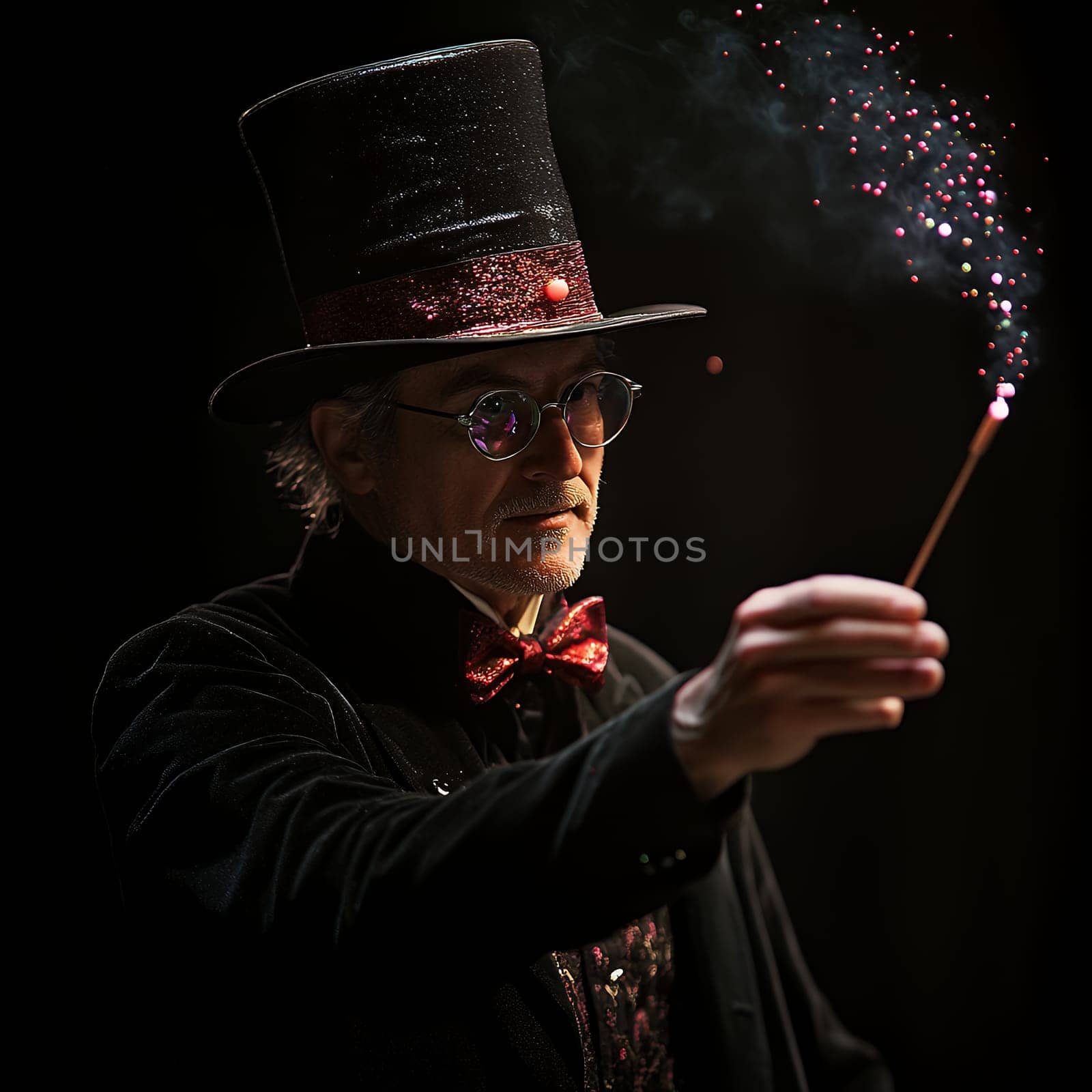 A magician in a top hat performing with a sparkler, creating a sense of wonder and magic.