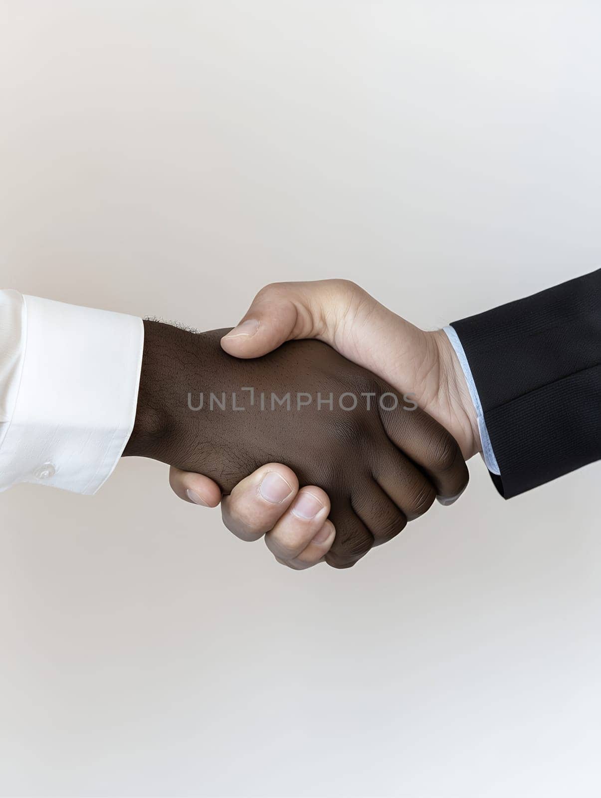 A handshake between two individuals of different backgrounds on a white background, symbolizing unity and cooperation.