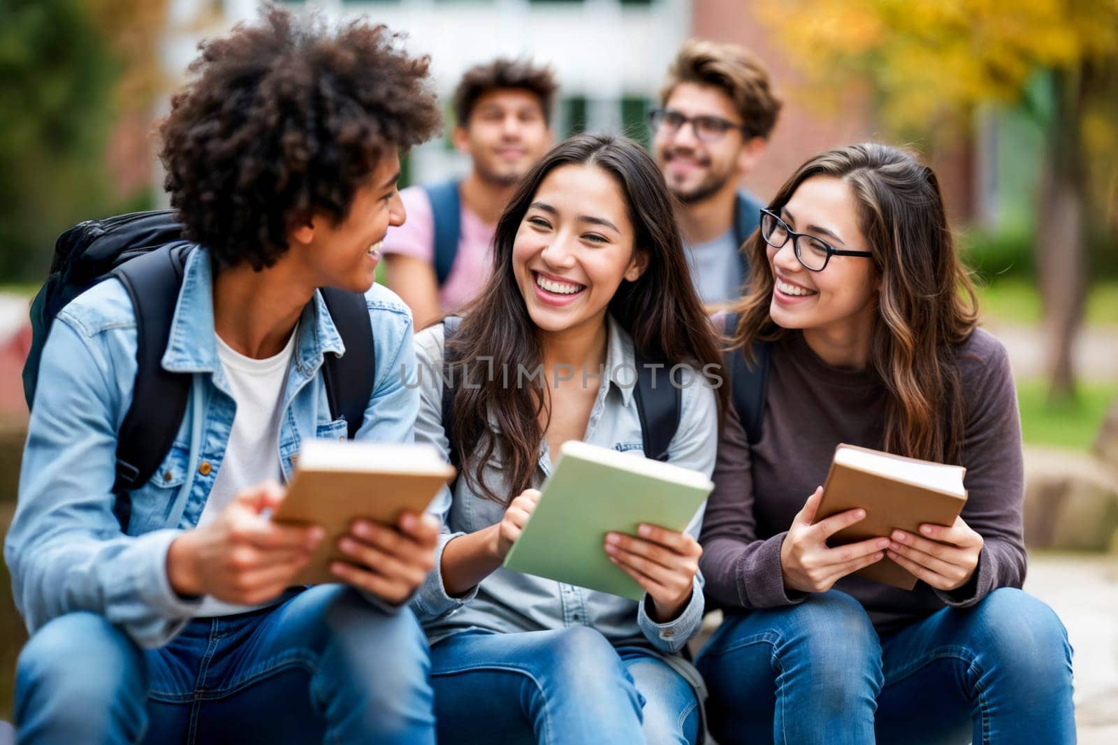A cheerful group of young students sitting together outdoors, holding books and backpacks. Interacting in a casual academic setting, symbolizing friendship, education, and collaboration.