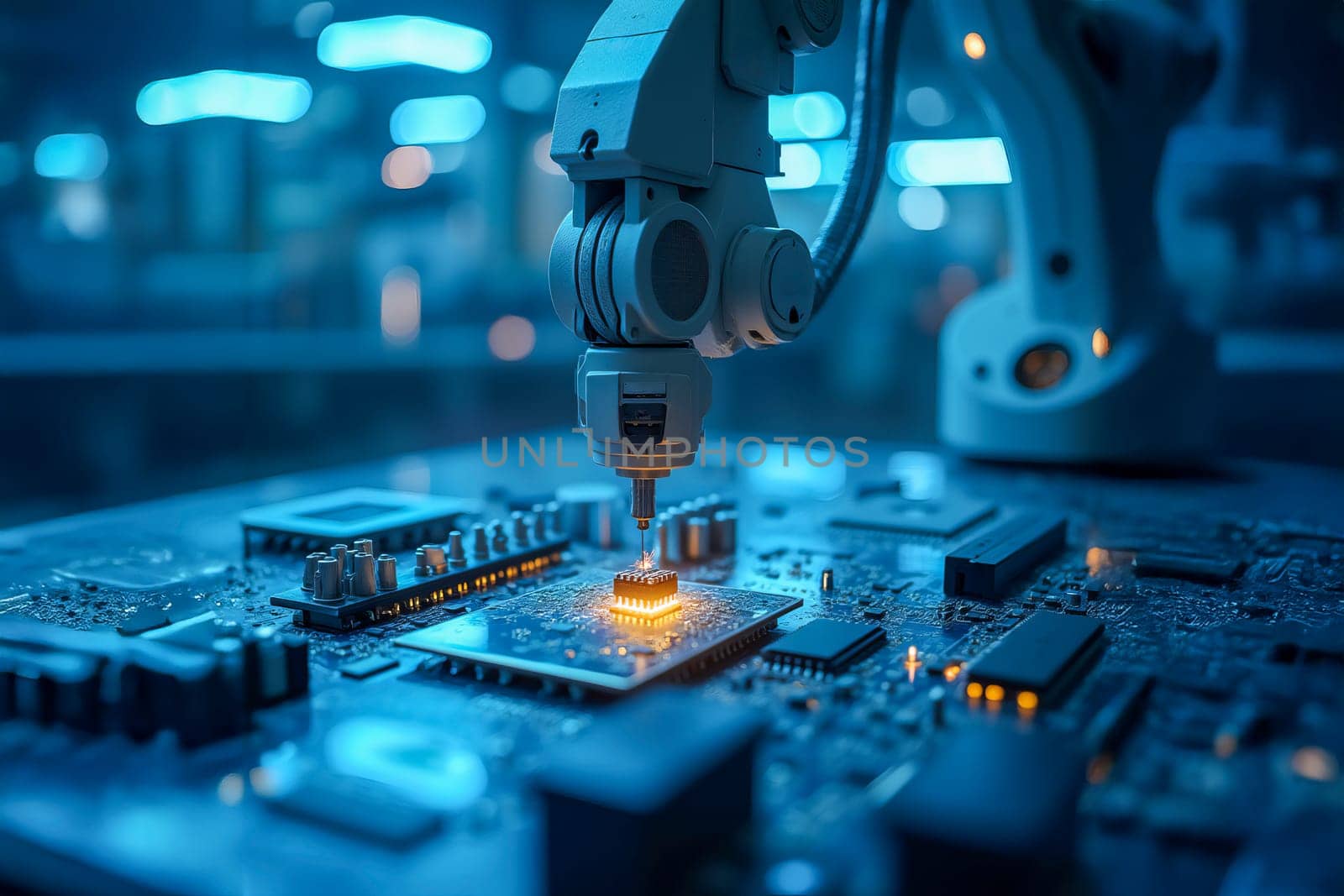 A robotic arm precisely assembling a microchip on a circuit board in a high-tech laboratory. Concept of advanced manufacturing, automation, and innovation in electronics production.