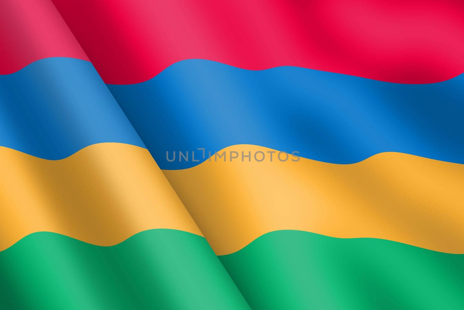 A Mauritius waving flag 3d illustration wind ripple green yellow blue red stripe