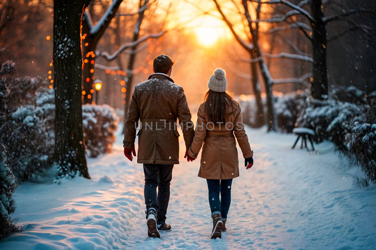 A couple holding hands while walking on a snowy path surrounded by trees at sunset. Winter scene with warm light and romantic atmosphere, representing love and tranquility in nature.