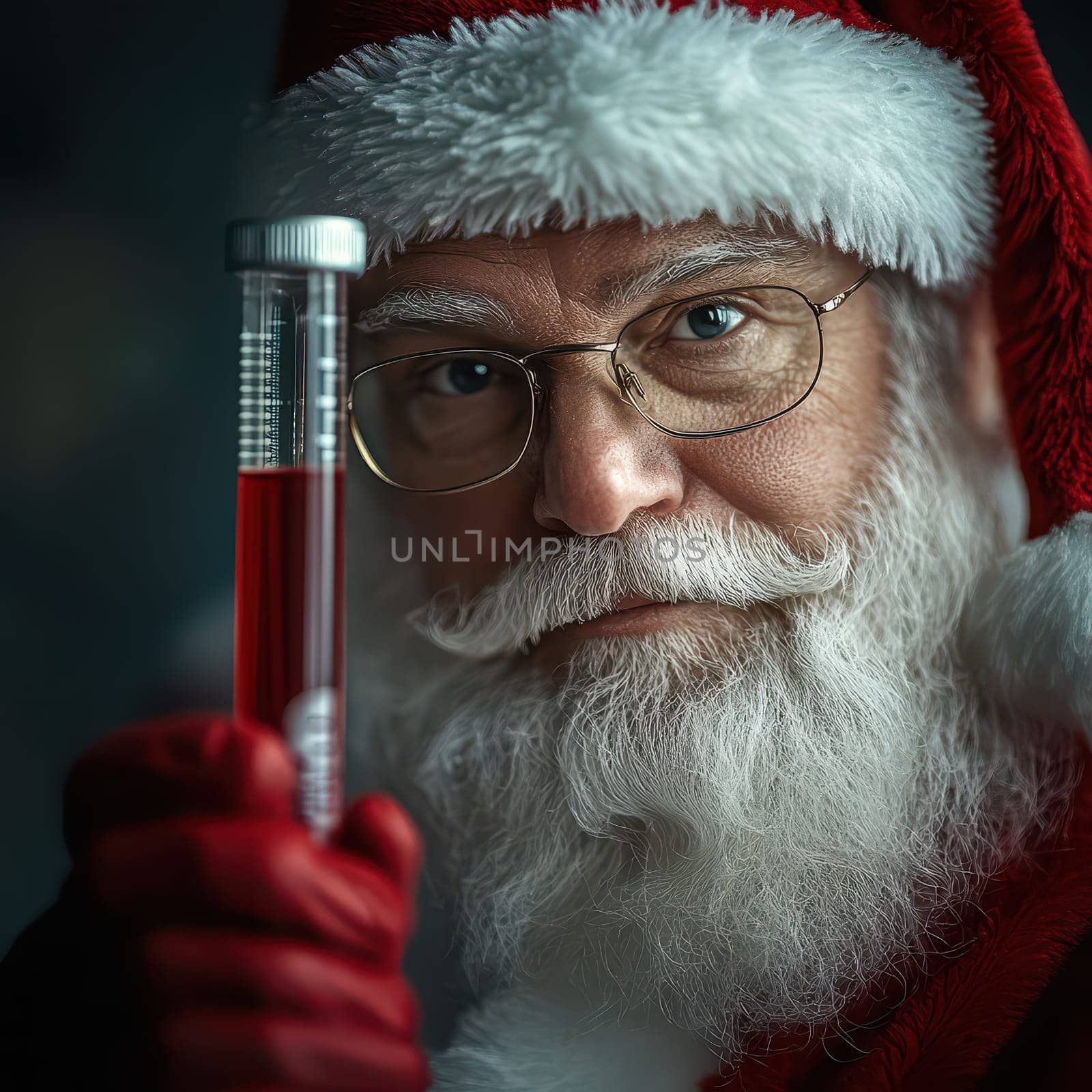 Santa Claus in his outfit shows a test tube filled with red liquid portraying a mystical moment during the holiday season.