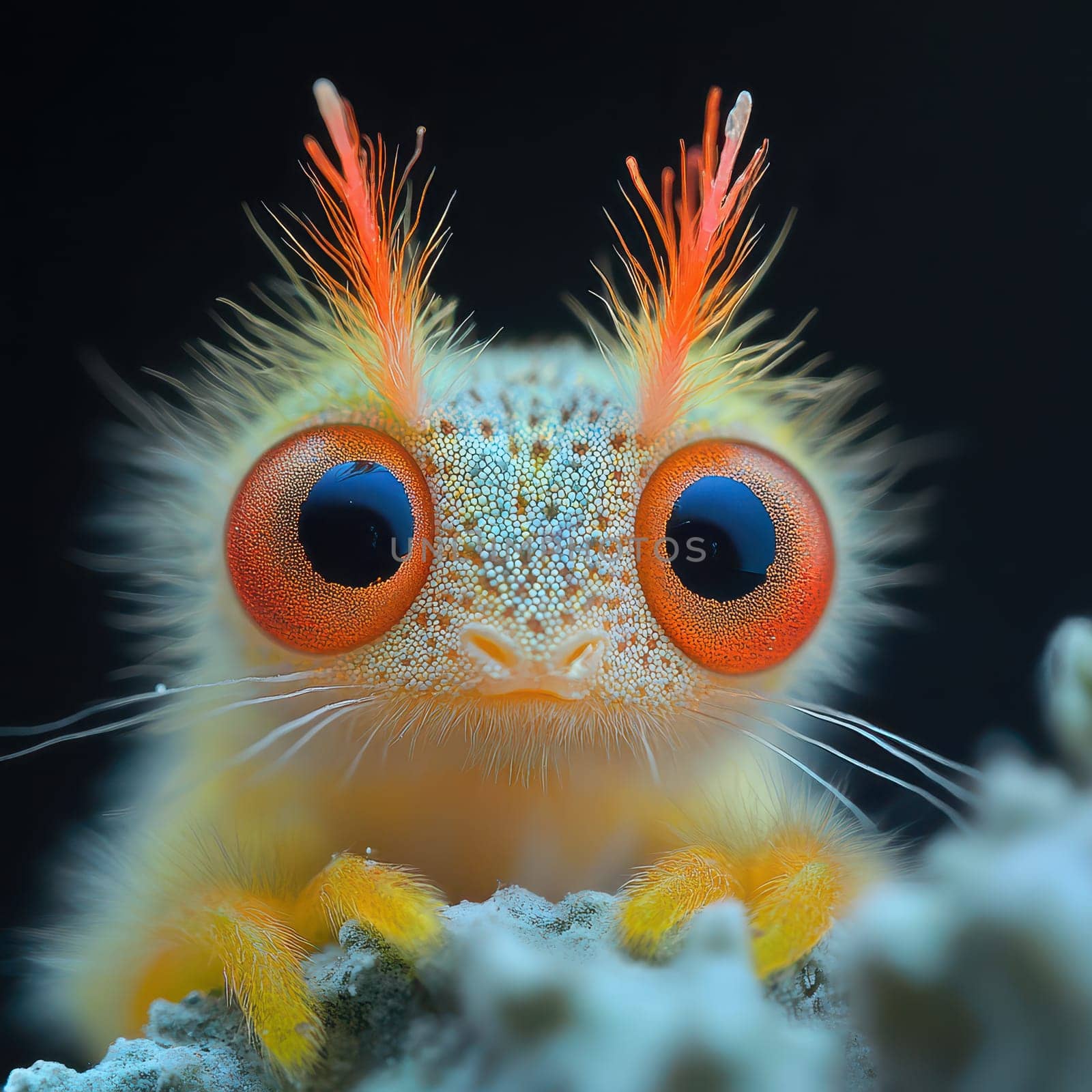 A unique marine animal displays vibrant orange and blue colors perched on a rocky surface showcasing its playful expression.