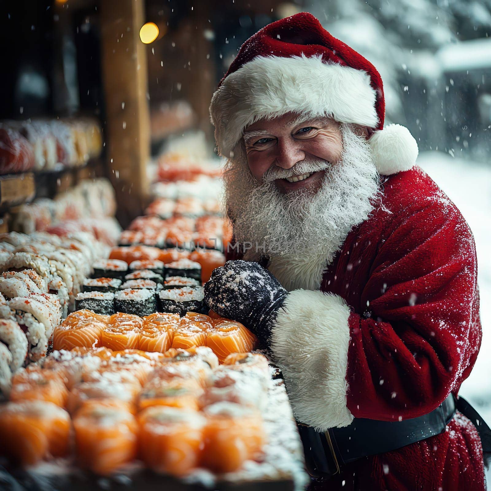 A joyful Santa stands at a winter market surrounded by colorful sushi smiling as snow gently falls around him.