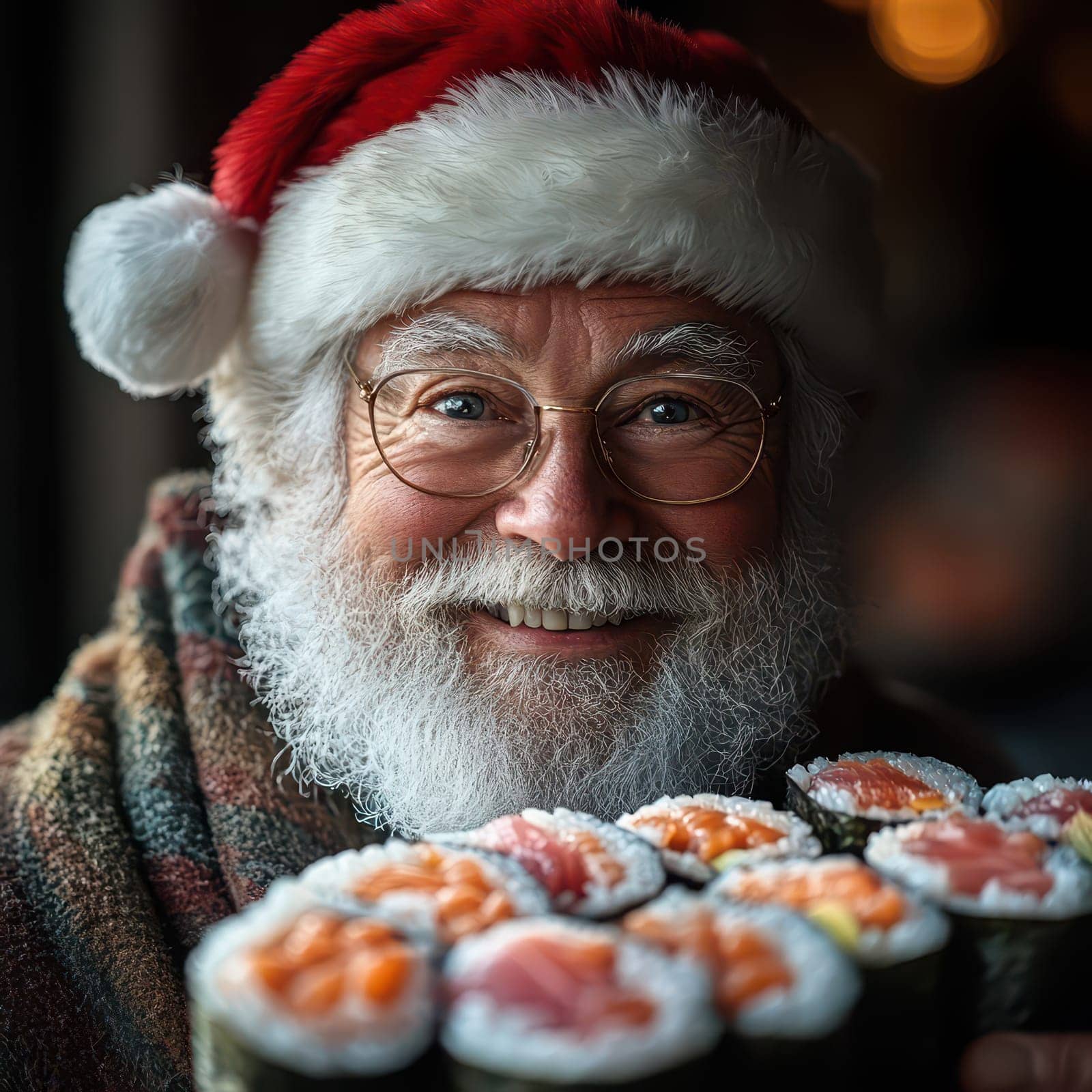A joyful man with a white beard and Santa hat holds a platter of colorful sushi rolls celebrating the holiday spirit while smiling warmly.