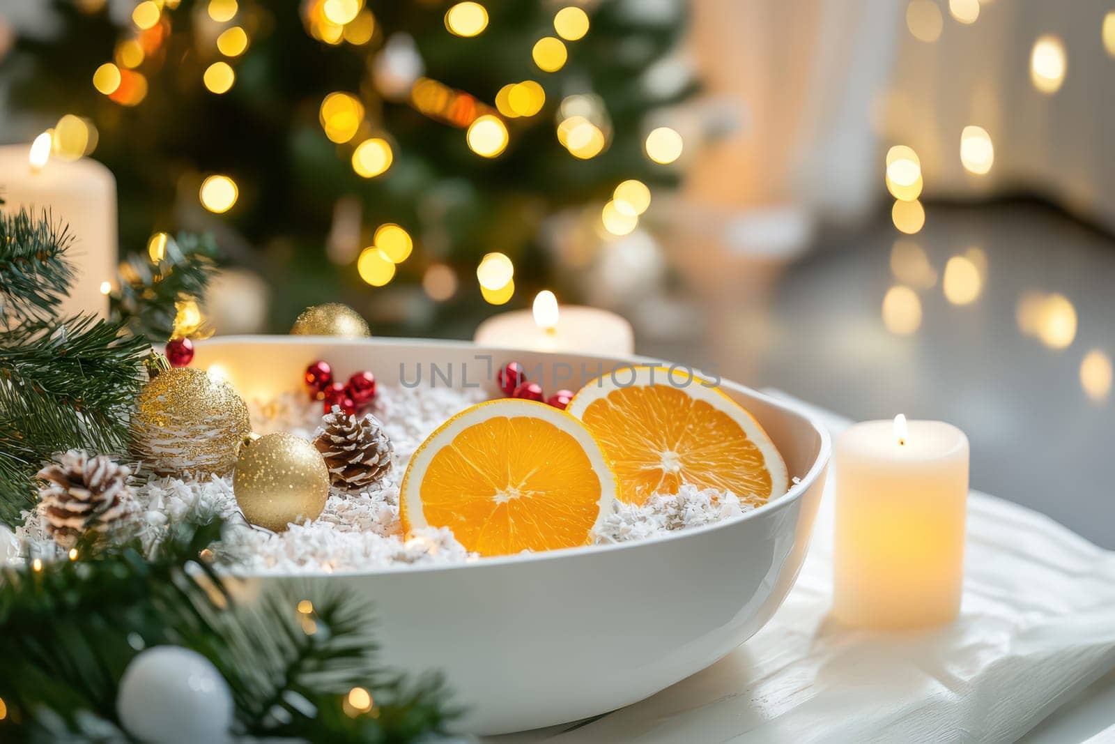 A beautiful bowl of oranges and decorative elements sits amidst warm candlelight and festive lights creating a cozy holiday atmosphere.