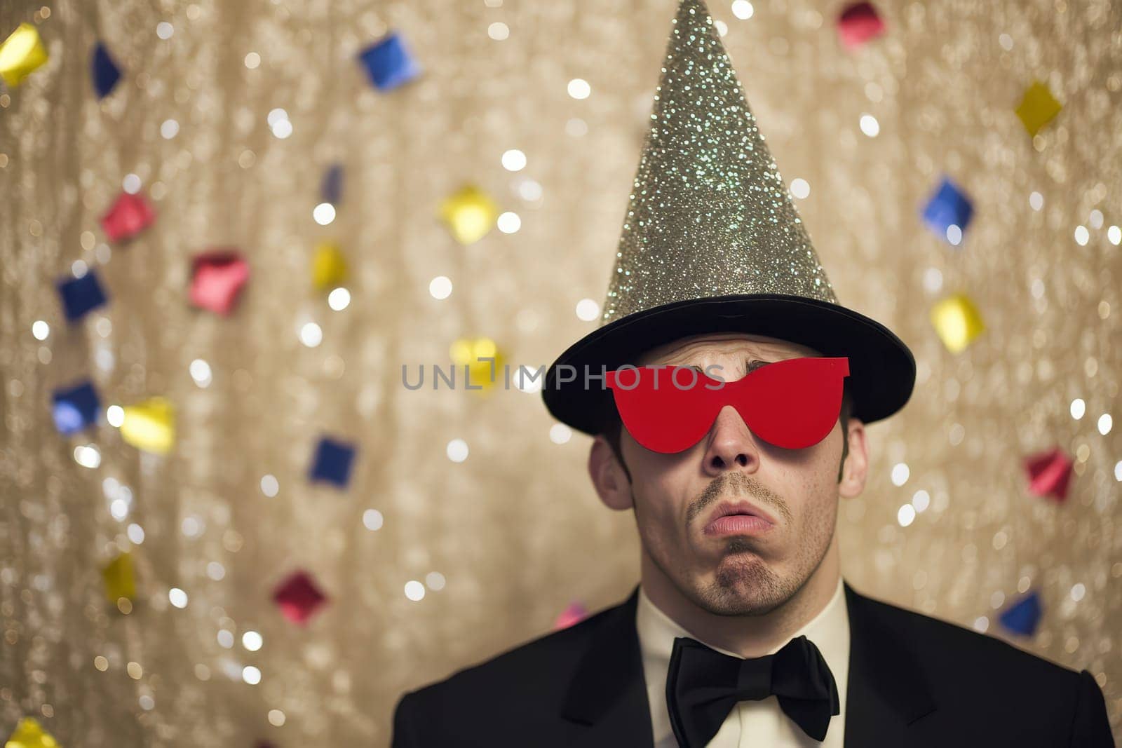 A man wears a sparkly cone hat and oversized glasses at a celebration surrounded by colorful confetti decorations.