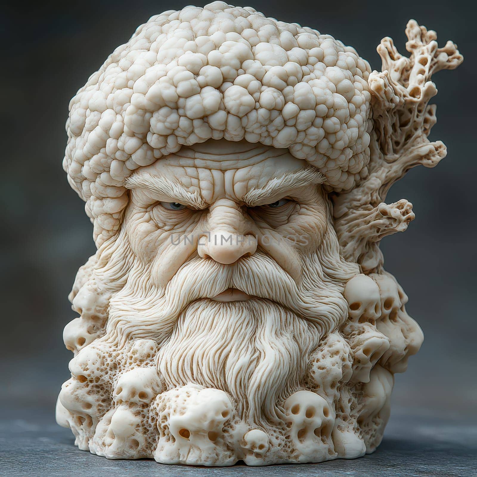 A finely detailed sculpture depicts an old man with a fierce expression featuring a textured beard and unique elements like skulls and tree branches.