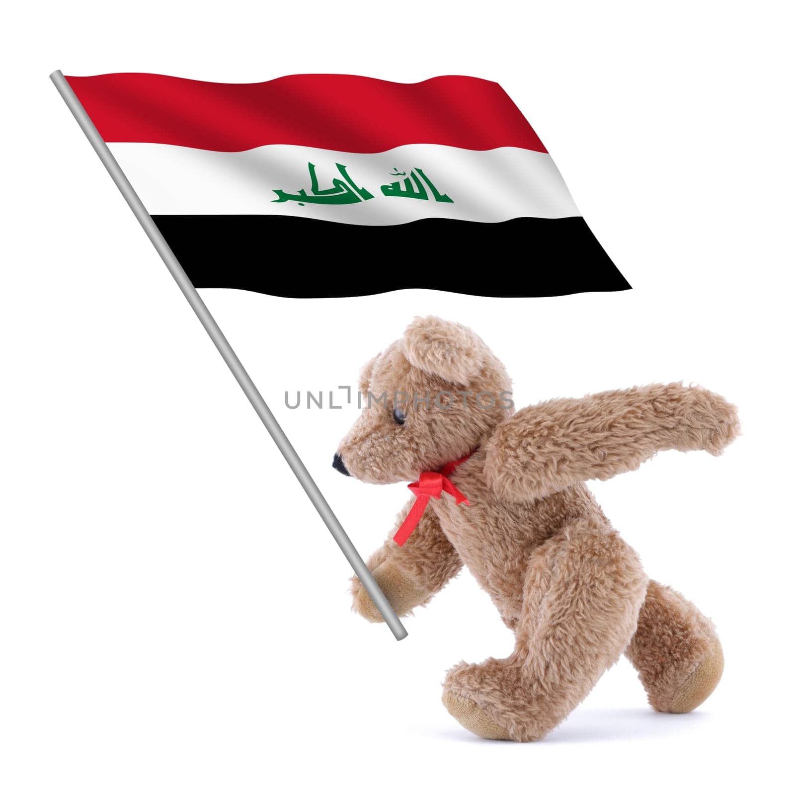 An Iraq flag being carried by a cute teddy bear red white black green takbir