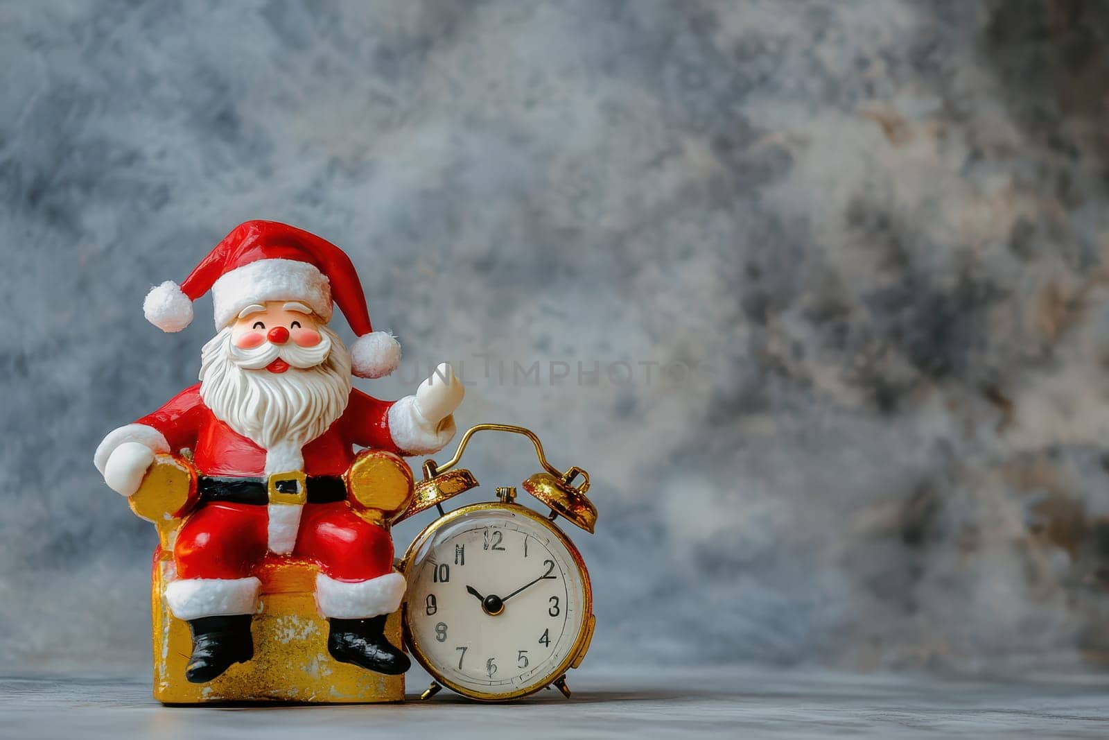A jolly Santa Claus figurine waves cheerfully next to a vintage clock set against a textured winter backdrop.