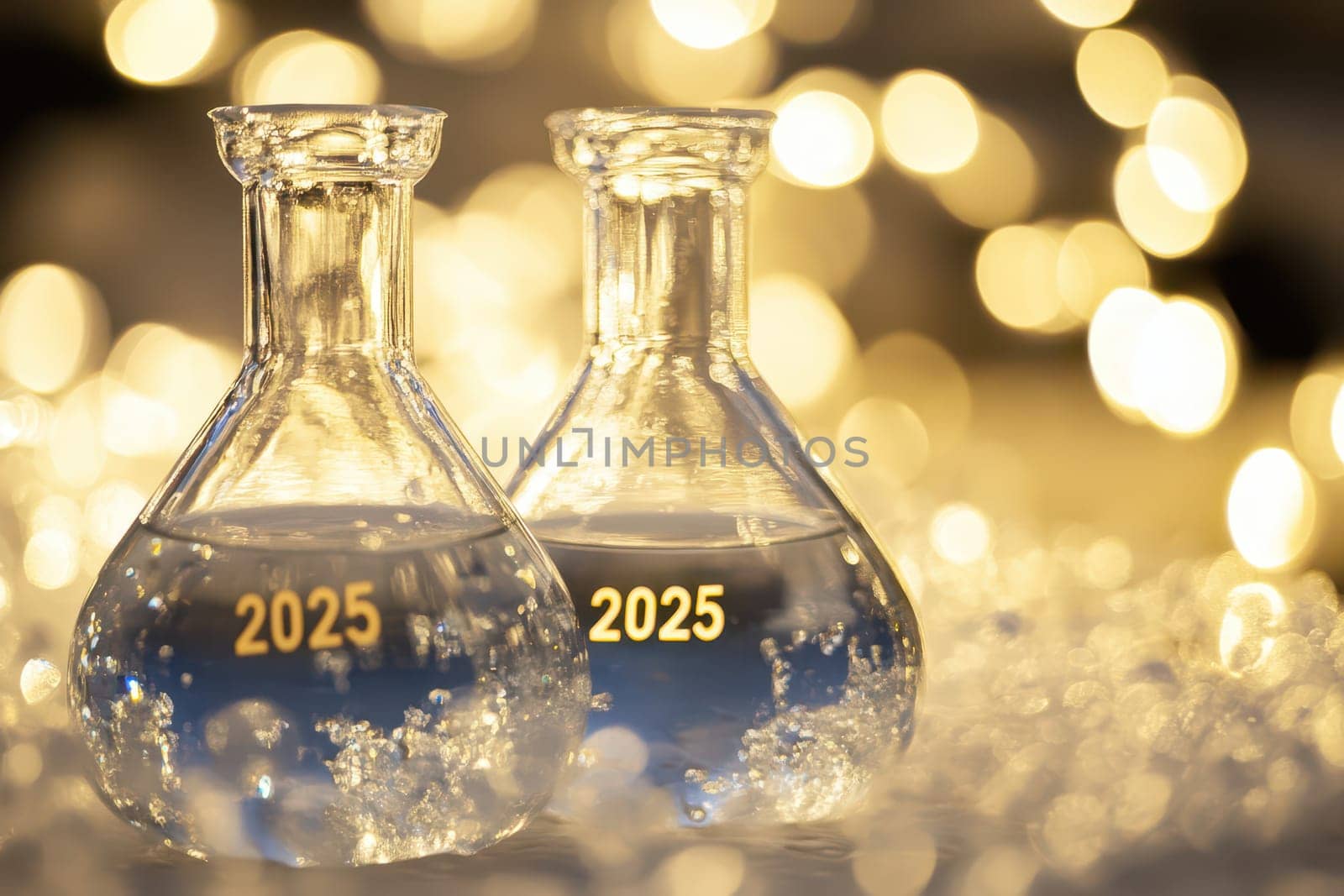 Two glass flasks filled with water sit on a table showing the year 2025 in gold. Soft bokeh lights create a festive atmosphere.