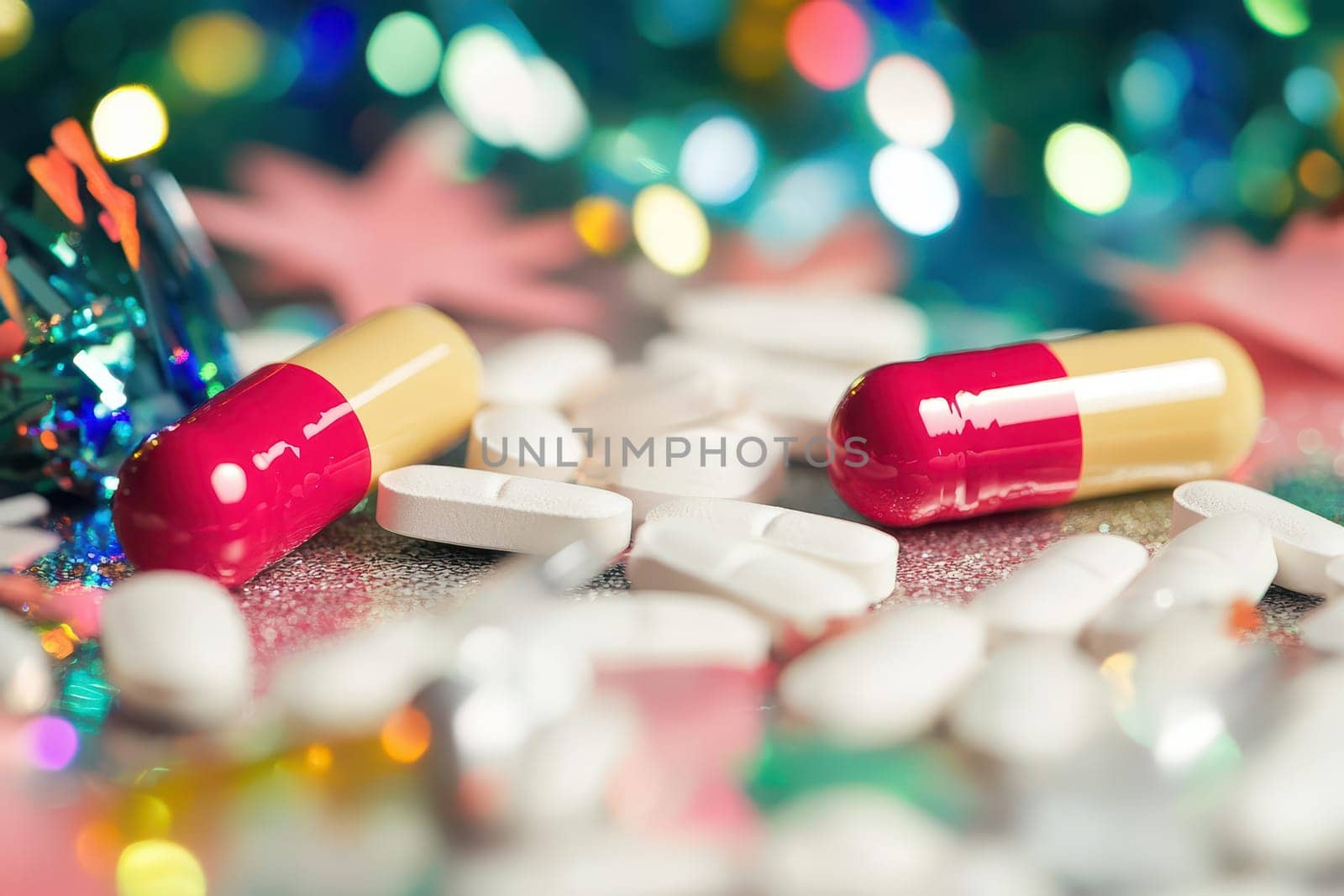 Colorful capsules and white tablets lay scattered on a shiny surface decorated for a celebration or party showcasing vibrant colors.