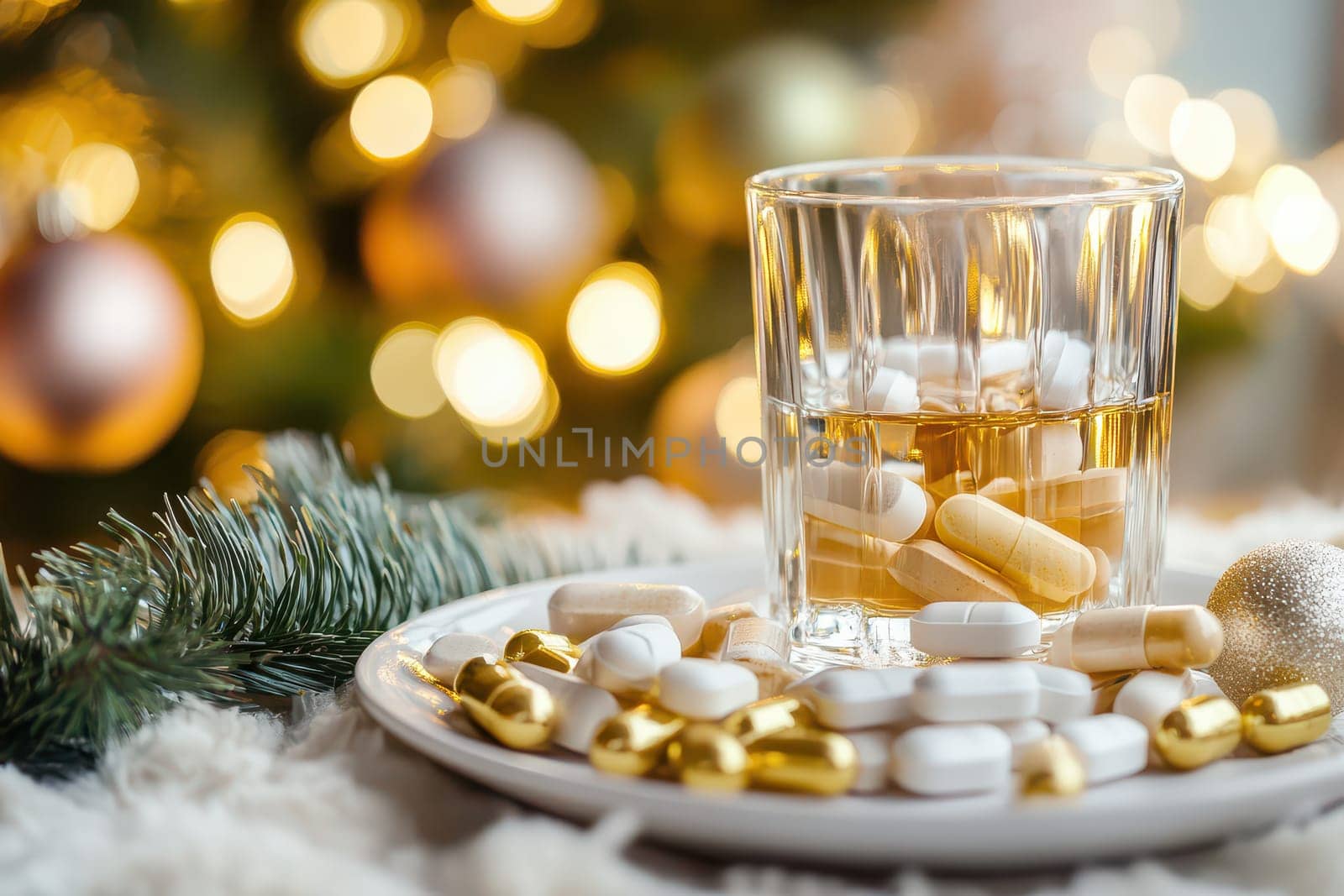 A glass of healthy beverage sits next to an array of supplements on a decorative plate with festive lights glowing in the background.