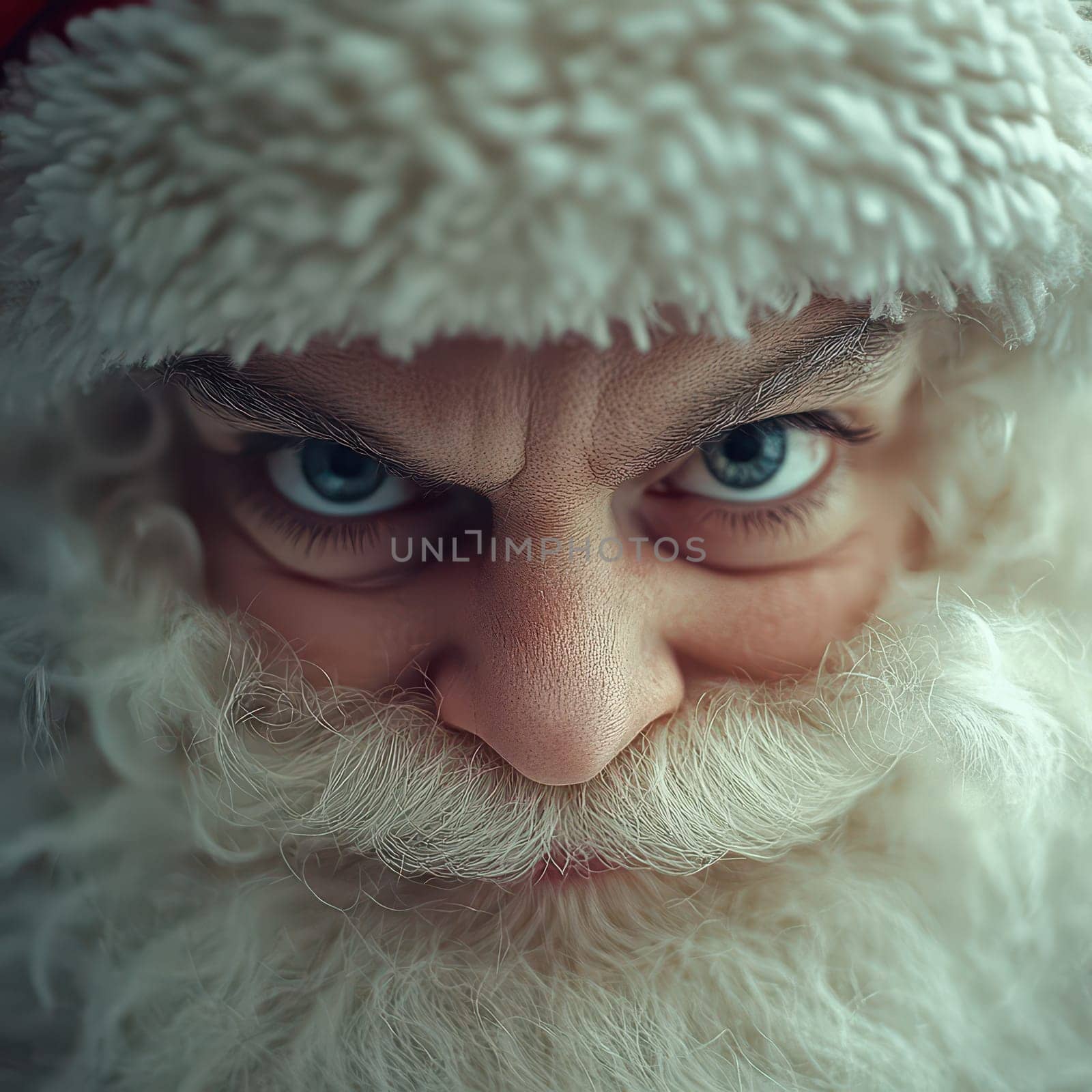 Santa Claus displays a serious expression while wearing a fluffy snow hat perfect for the holiday spirit and festive cheer.