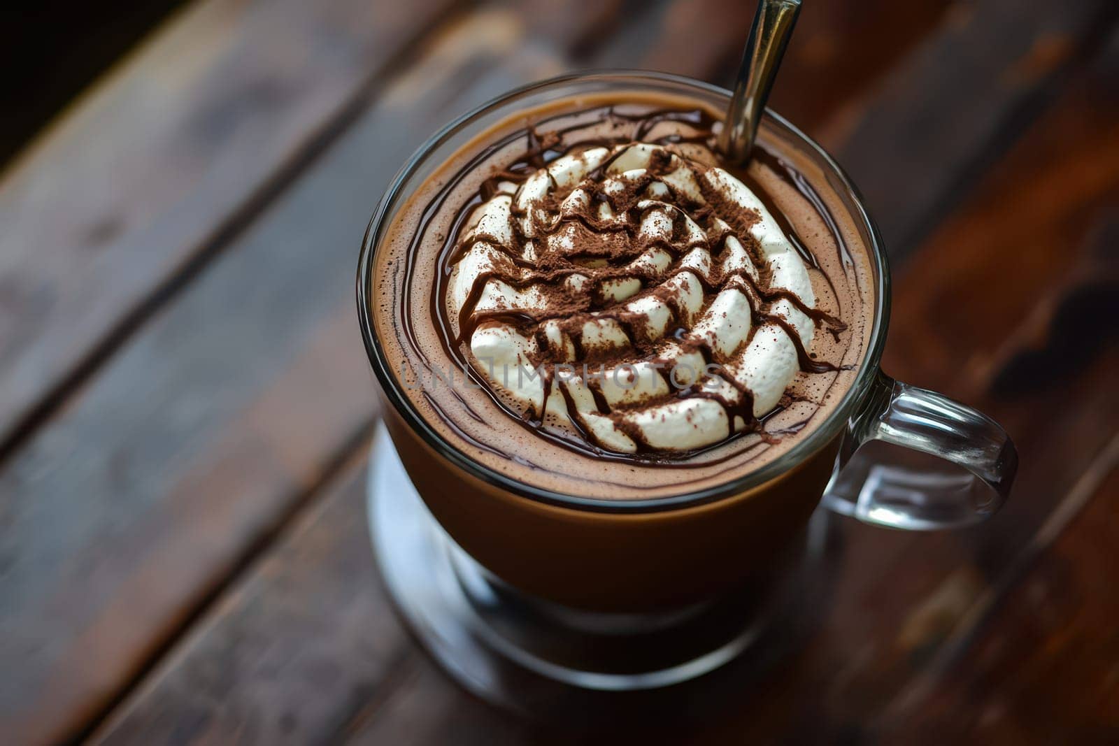A creamy hot chocolate served in a glass adorned with whipped cream and chocolate drizzle perfect for a cozy winter day.