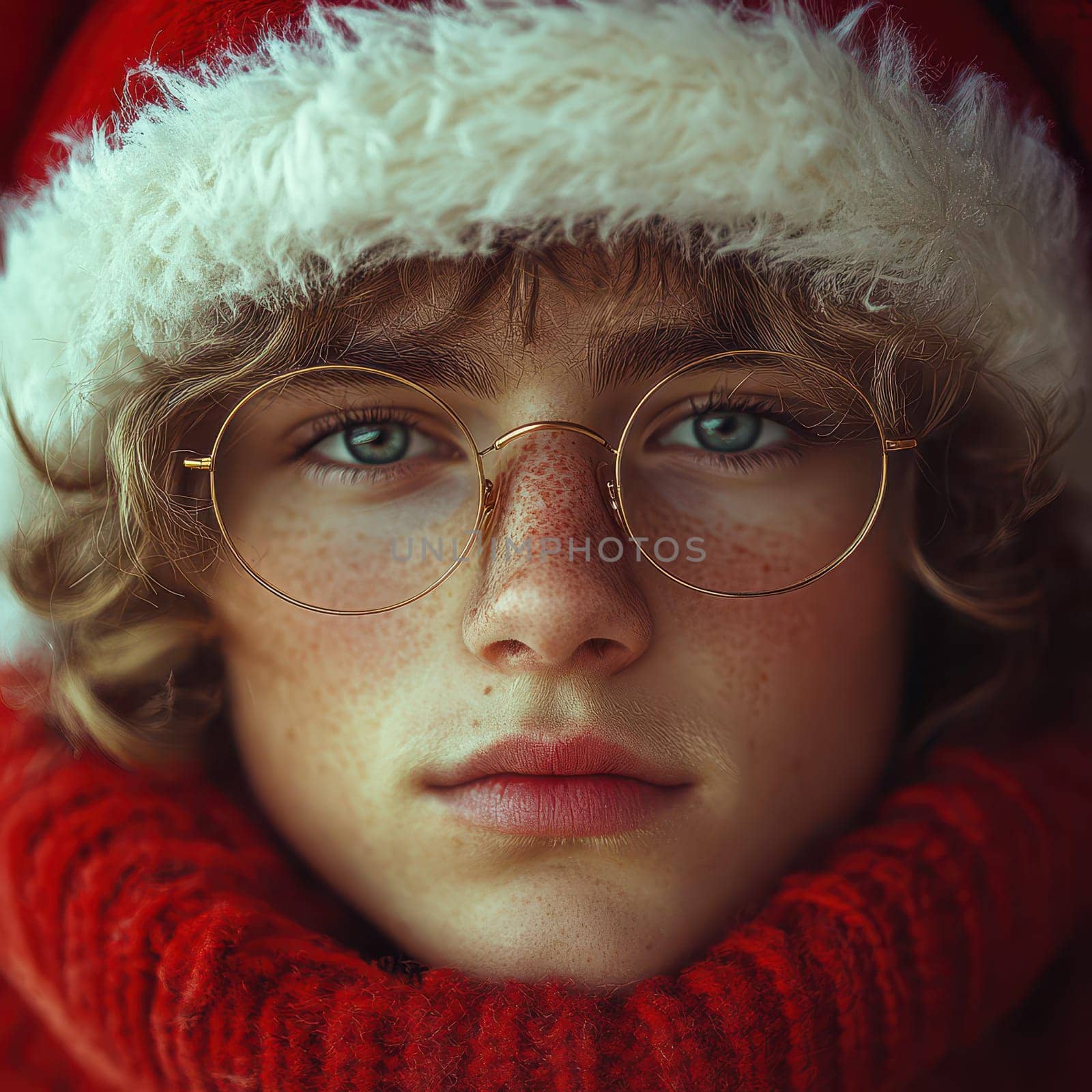A boy with curly hair and glasses wears a Santa hat and a red scarf embodying the holiday spirit with a thoughtful expression.