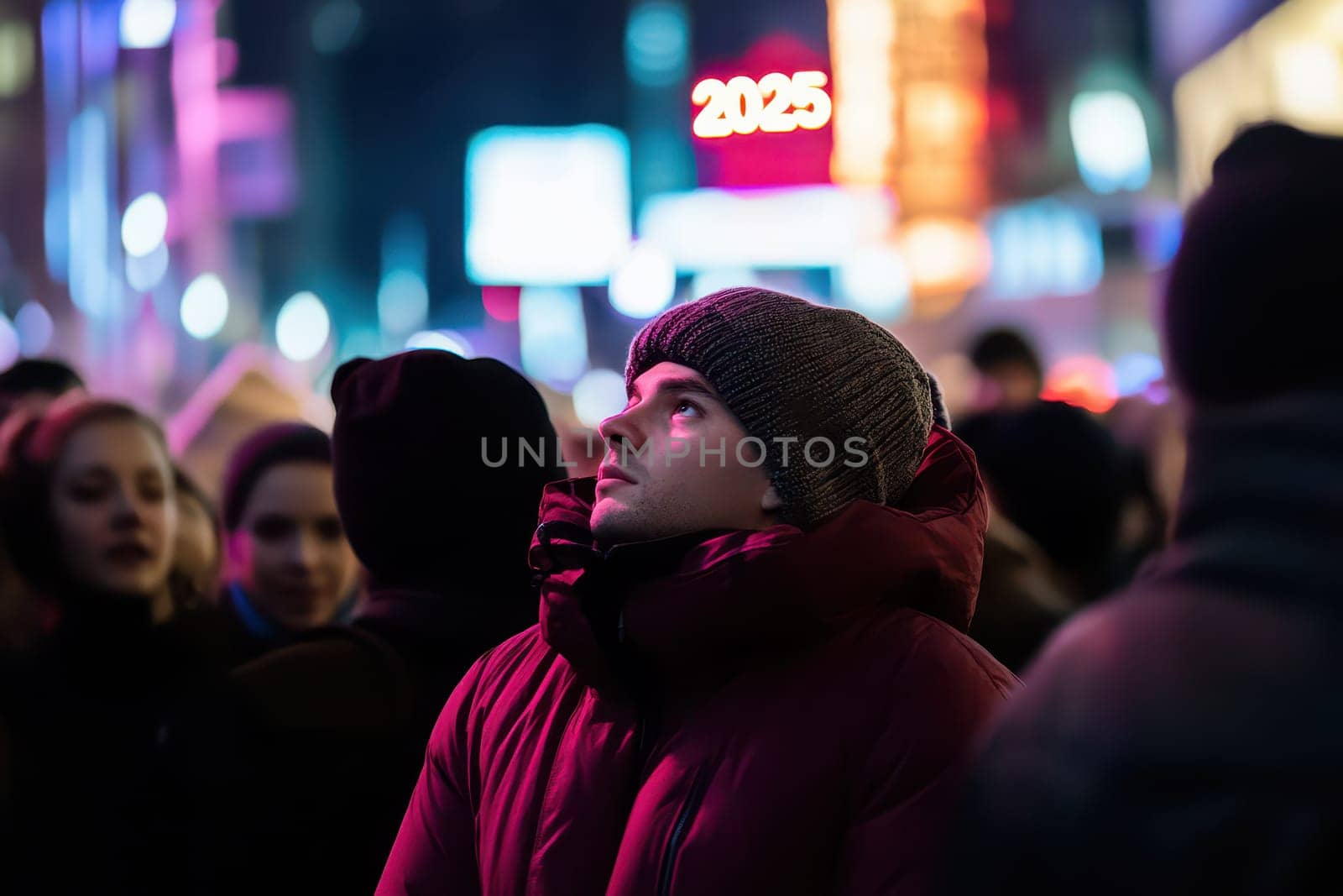 A crowd gathers to celebrate New Year in a vibrant city. A young man looks upward captivated by colorful lights and the coming year.