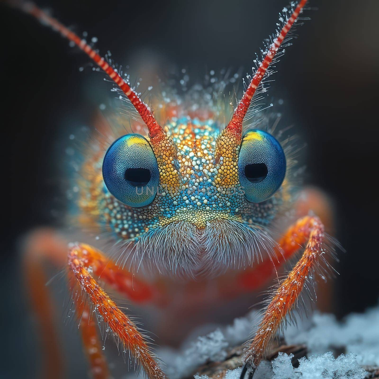 A bright insect with large blue eyes and colorful patterns rests on a surface showcasing intricate details in a natural setting.