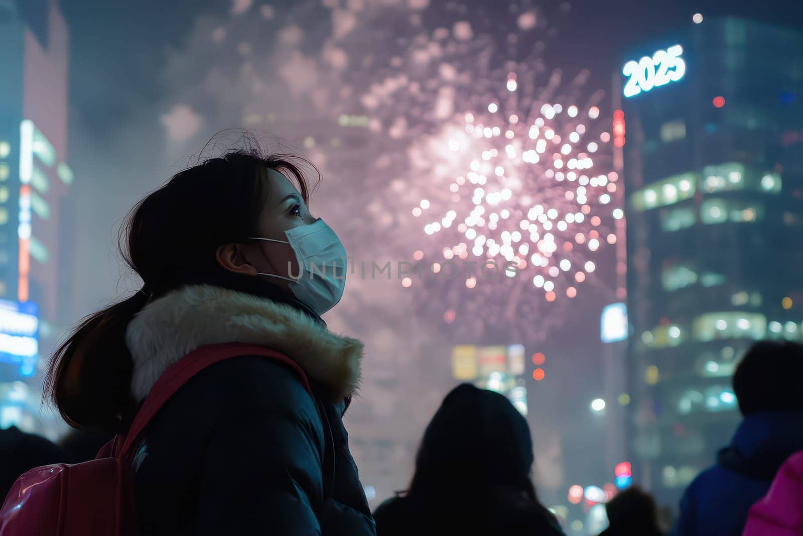 A young woman wearing a mask admires the colorful fireworks lighting up the Tokyo skyline during New Year celebrations.