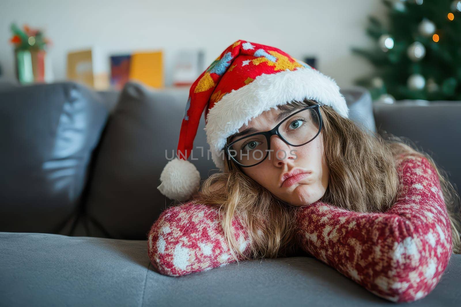 A girl wearing a Santa hat sits on a sofa looking bored while the Christmas tree is decorated in the background creating a cozy holiday atmosphere.