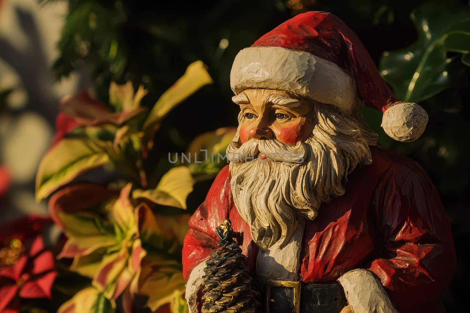 A detailed Santa Claus figurine holding a pine cone stands among colorful holiday plants creating a warm festive atmosphere.