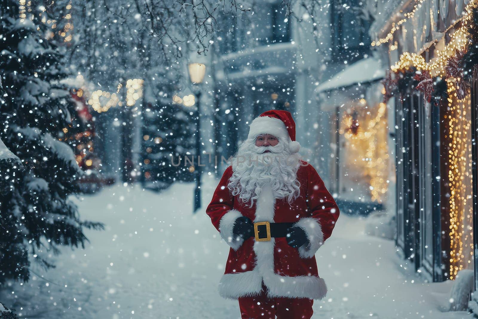 A jolly figure in a red suit strolls through a winter wonderland surrounded by snow and festive lights in a charming village setting.