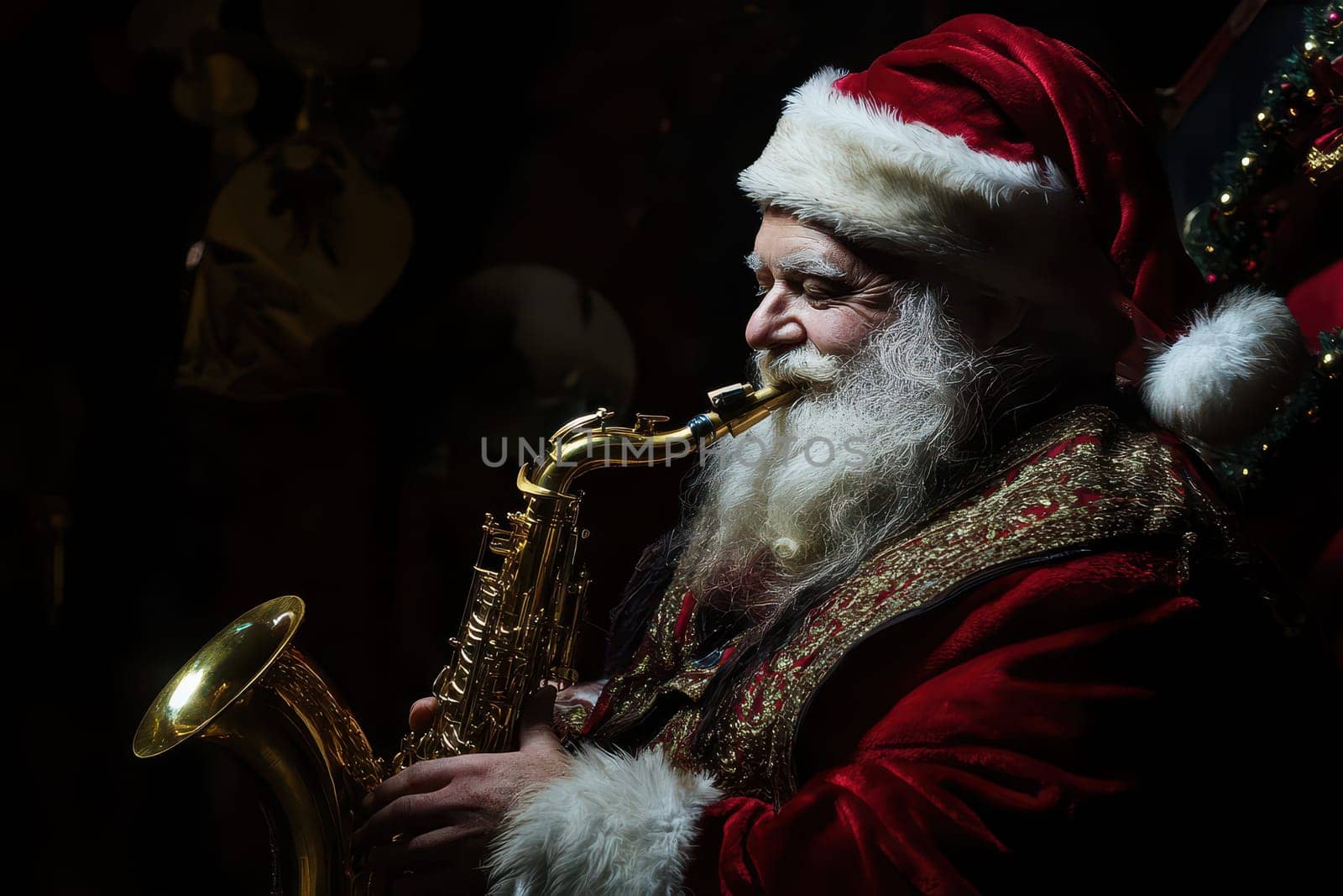 A joyful Santa Claus plays the saxophone spreading holiday cheer and music at a festive event in a cozy setting.