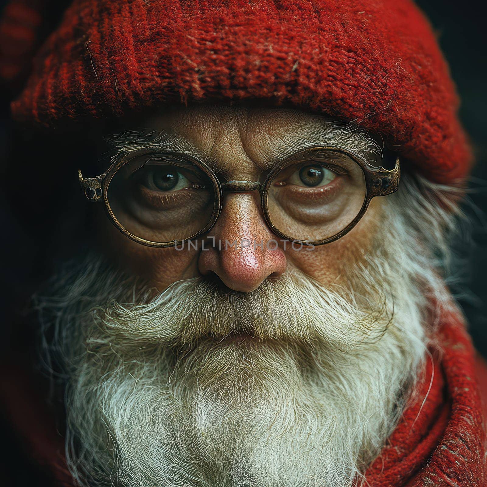 A wise looking elderly man with a white beard and round glasses wears a vibrant red hat and scarf capturing a moment in chilly surroundings.