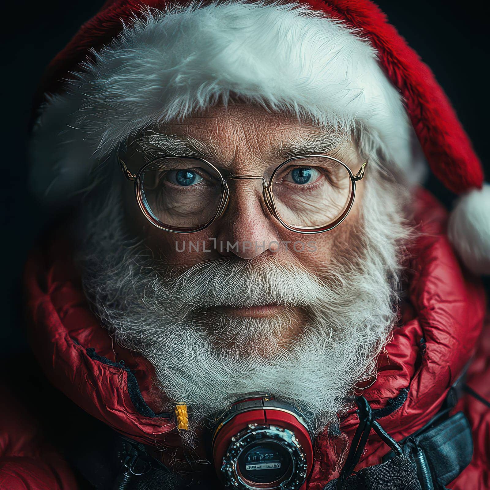 A man dressed as Santa Claus with a thick beard and round glasses smiles warmly showcasing the holiday spirit in a winter setting.