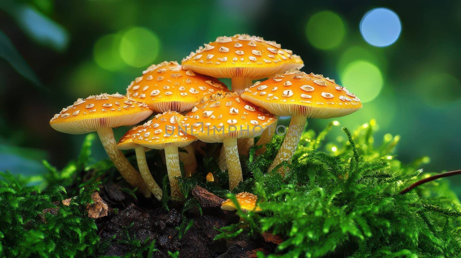 A cluster of brightly colored orange mushrooms with white speckles thrives on soft green moss in a natural setting.