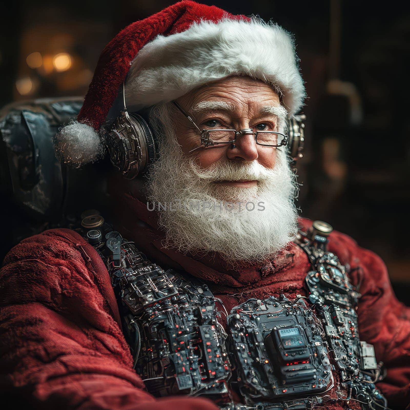 A modern Santa Claus sits comfortably in a high tech chair wearing headphones and a unique tech inspired outfit.