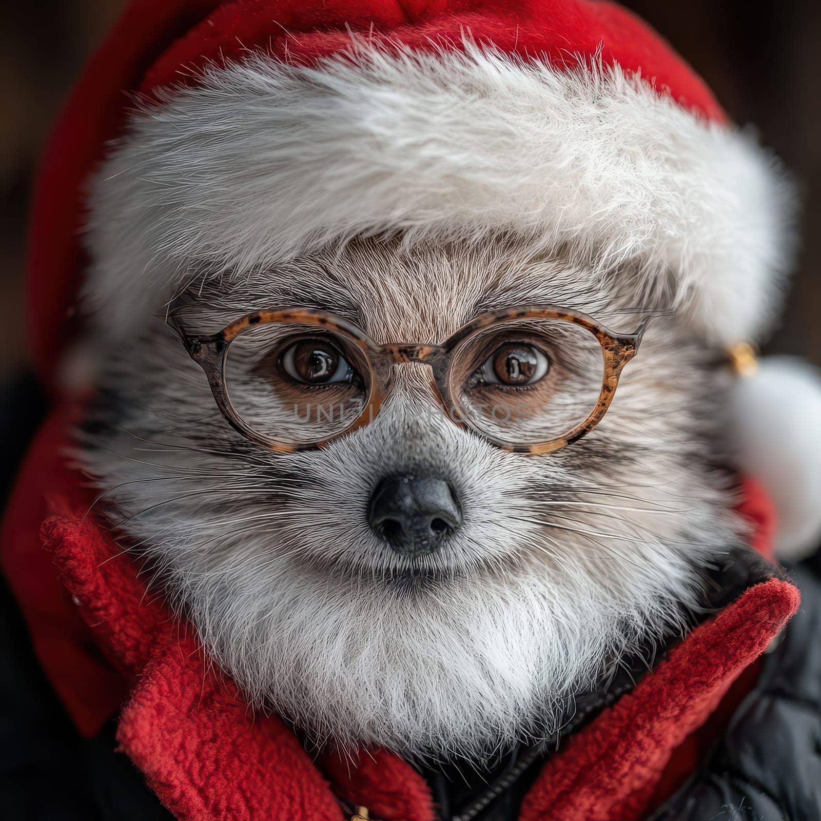 A cute animal dressed in a Santa hat and glasses poses cheerfully ready for holiday celebrations. The cozy outfit adds to the festive spirit.