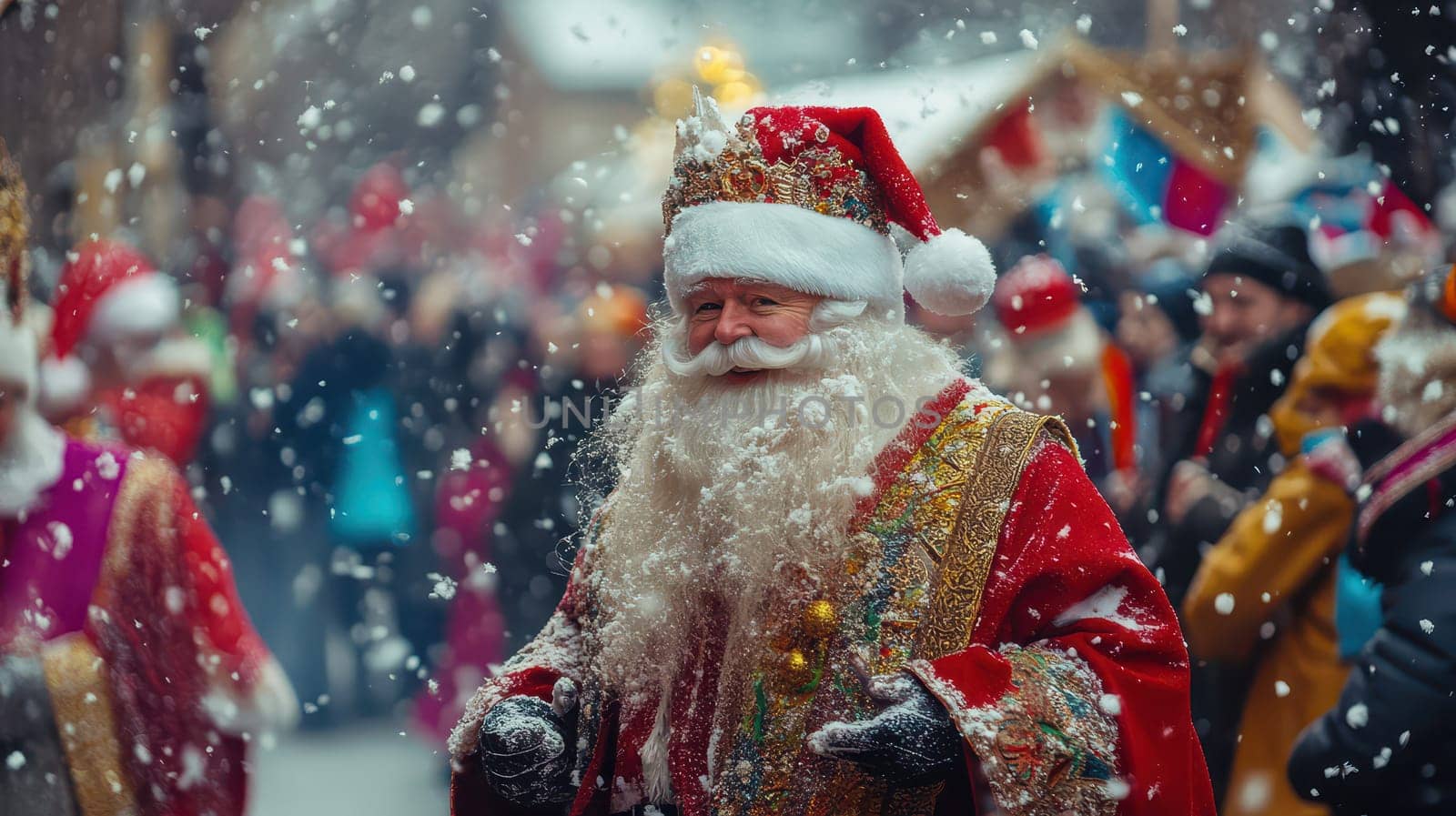 A joyful Santa Claus stands surrounded by festive crowds enjoying a snowy celebration filled with holiday cheer and colorful decorations.