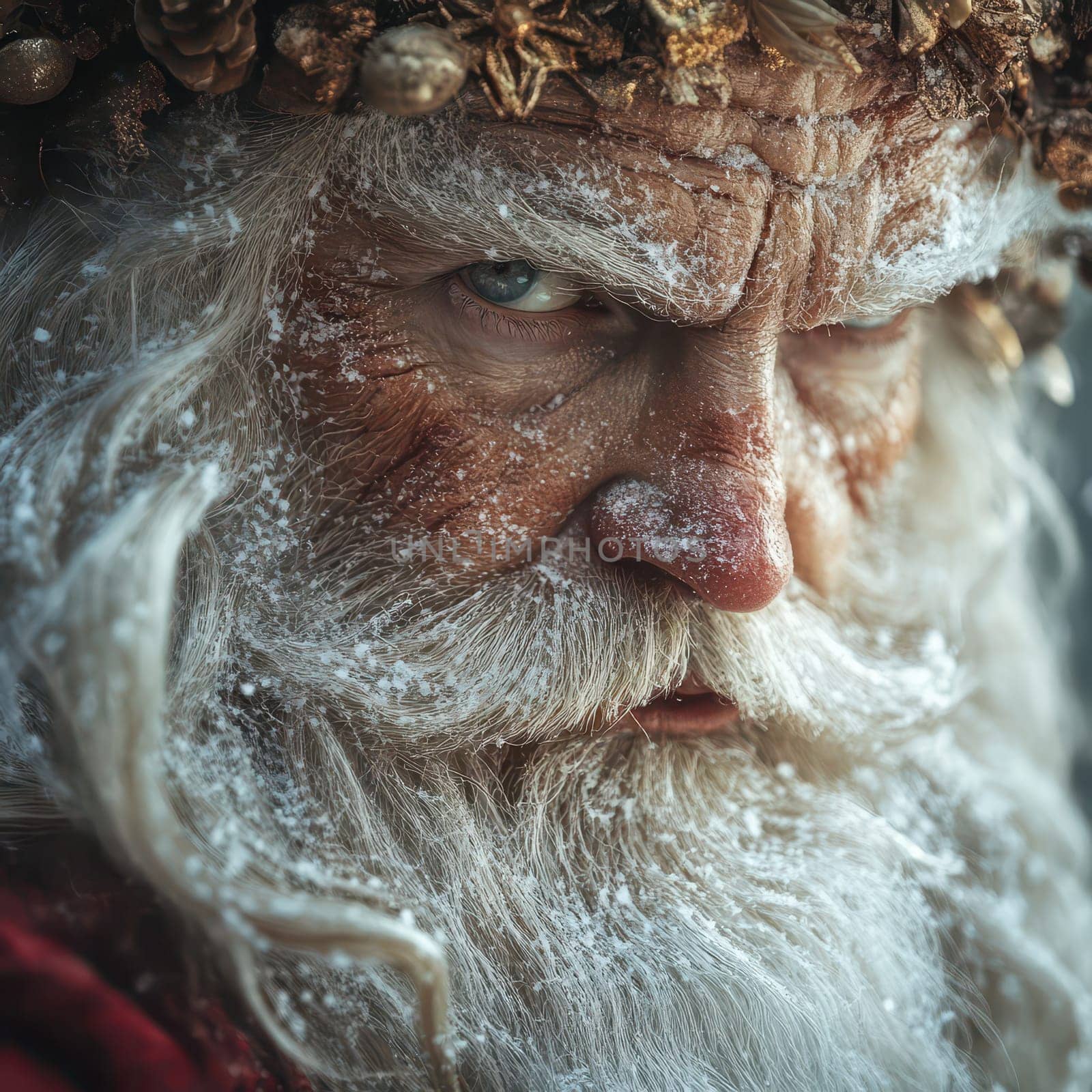 A man with a weathered face and snowy beard wears a crown made of natural elements conveying a deep connection to winter festivities.