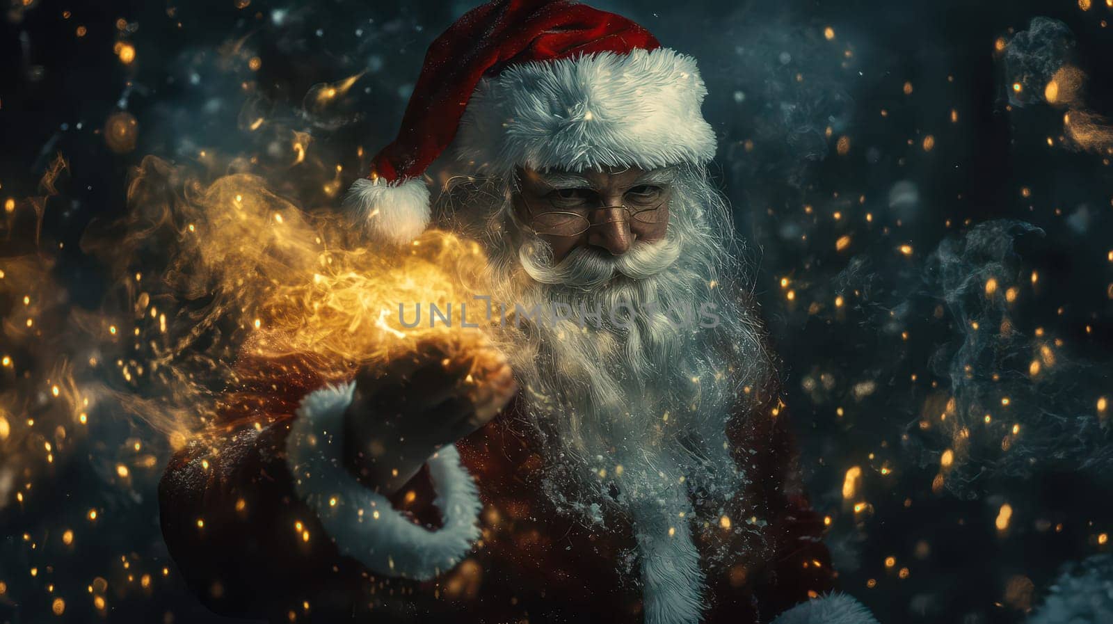 A joyful Santa Claus holds fiery magic in his hand celebrating the winter season with warmth and cheer in a snowy atmosphere.