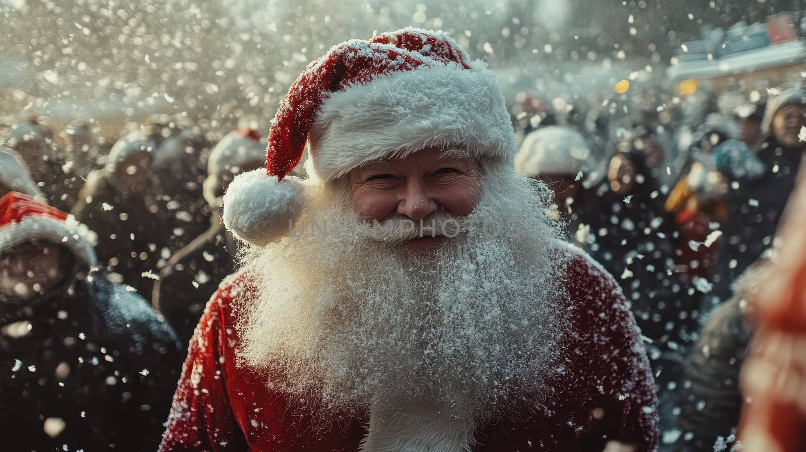 A joyful Santa Claus stands among a cheering crowd snowflakes falling around during a holiday celebration in a winter wonderland.