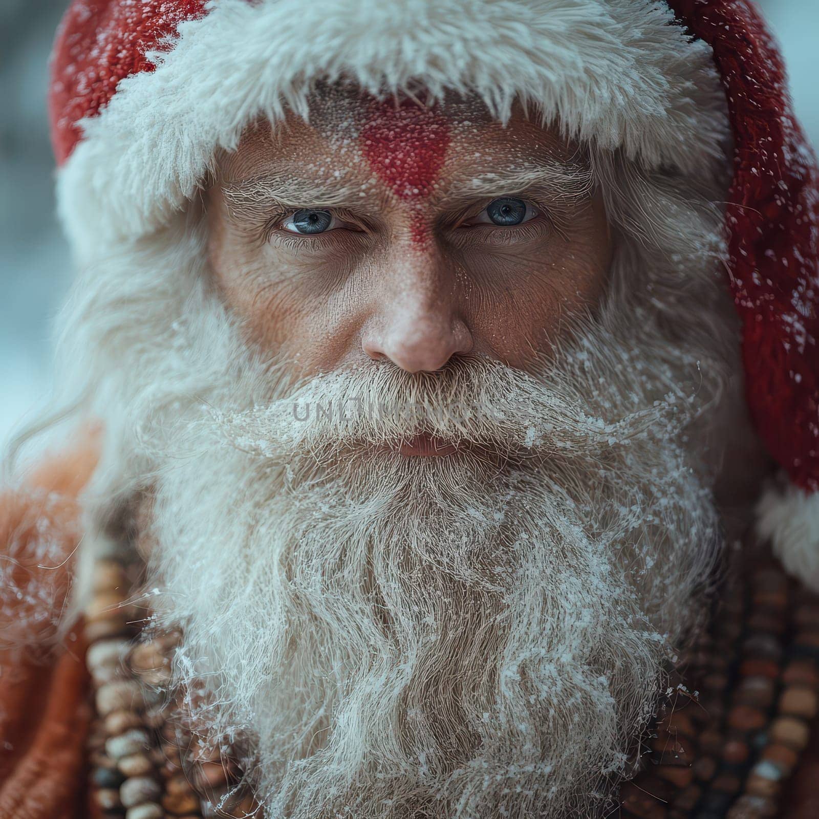 A man resembling Santa Claus stands outdoors with a snow covered beard featuring a striking gaze and traditional attire during winter.