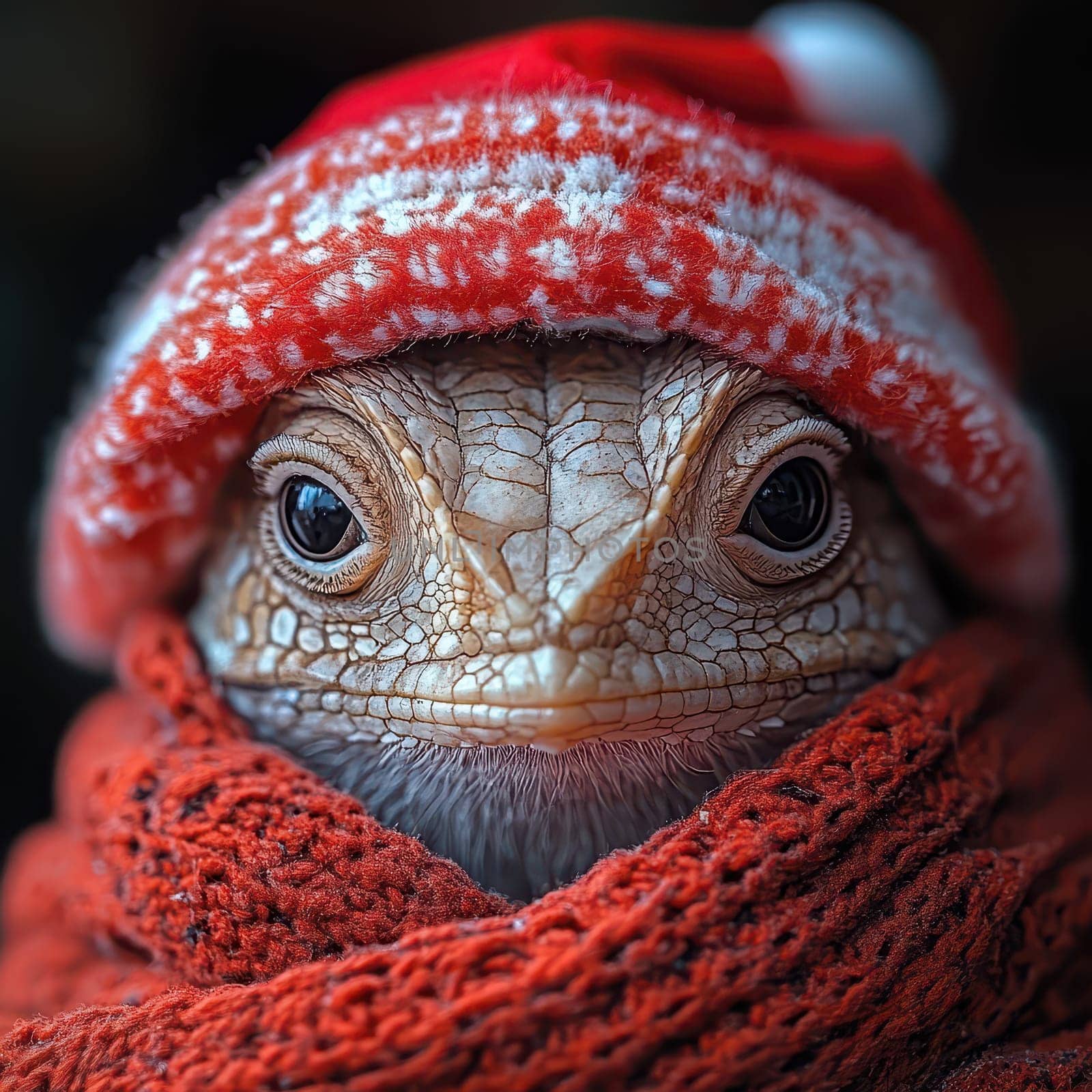 A lizard is warmly dressed in a festive red hat and a matching scarf giving it a cheerful winter appearance.