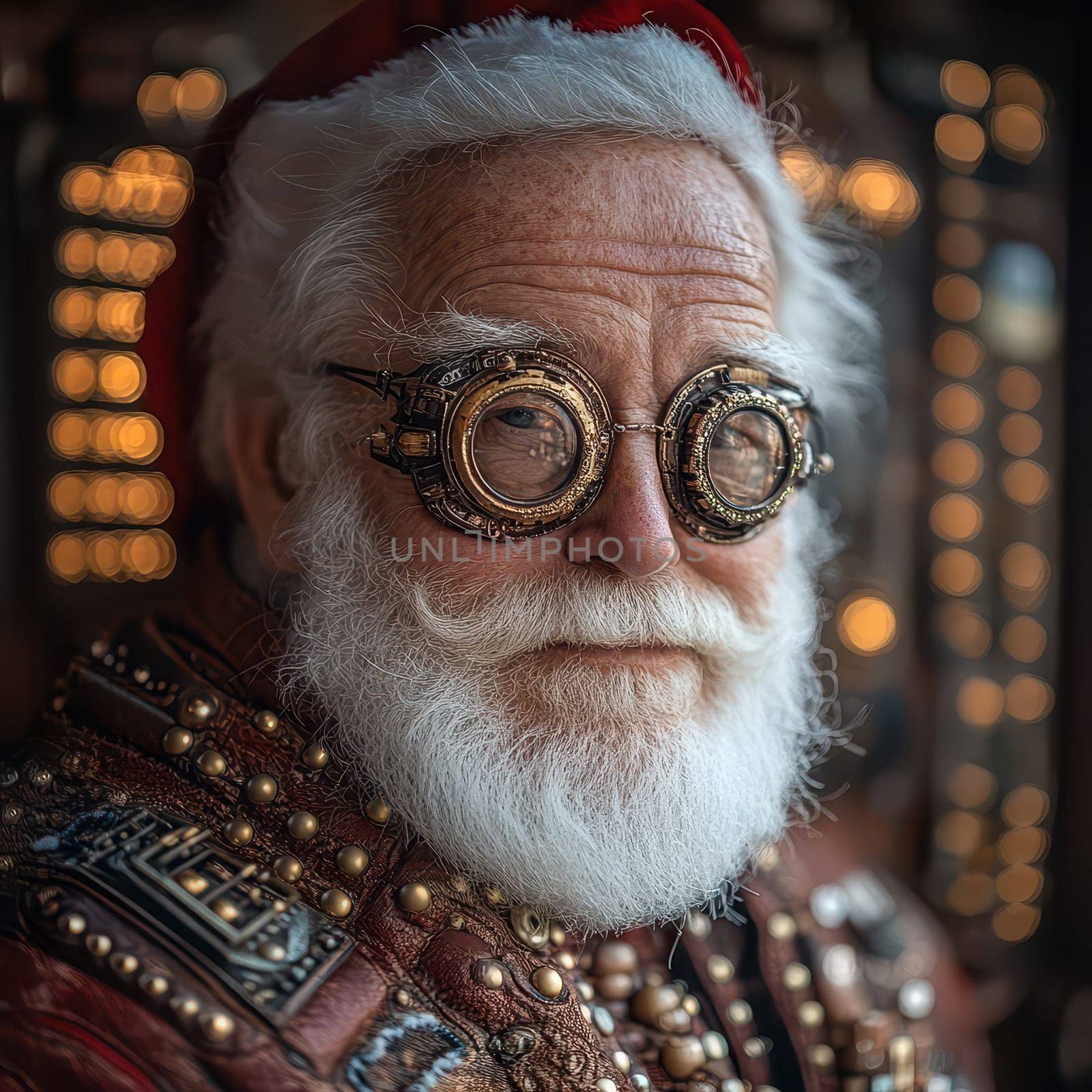 A jolly Santa Claus wears unique steampunk goggles surrounded by warm holiday lights embodying a cheerful holiday spirit.