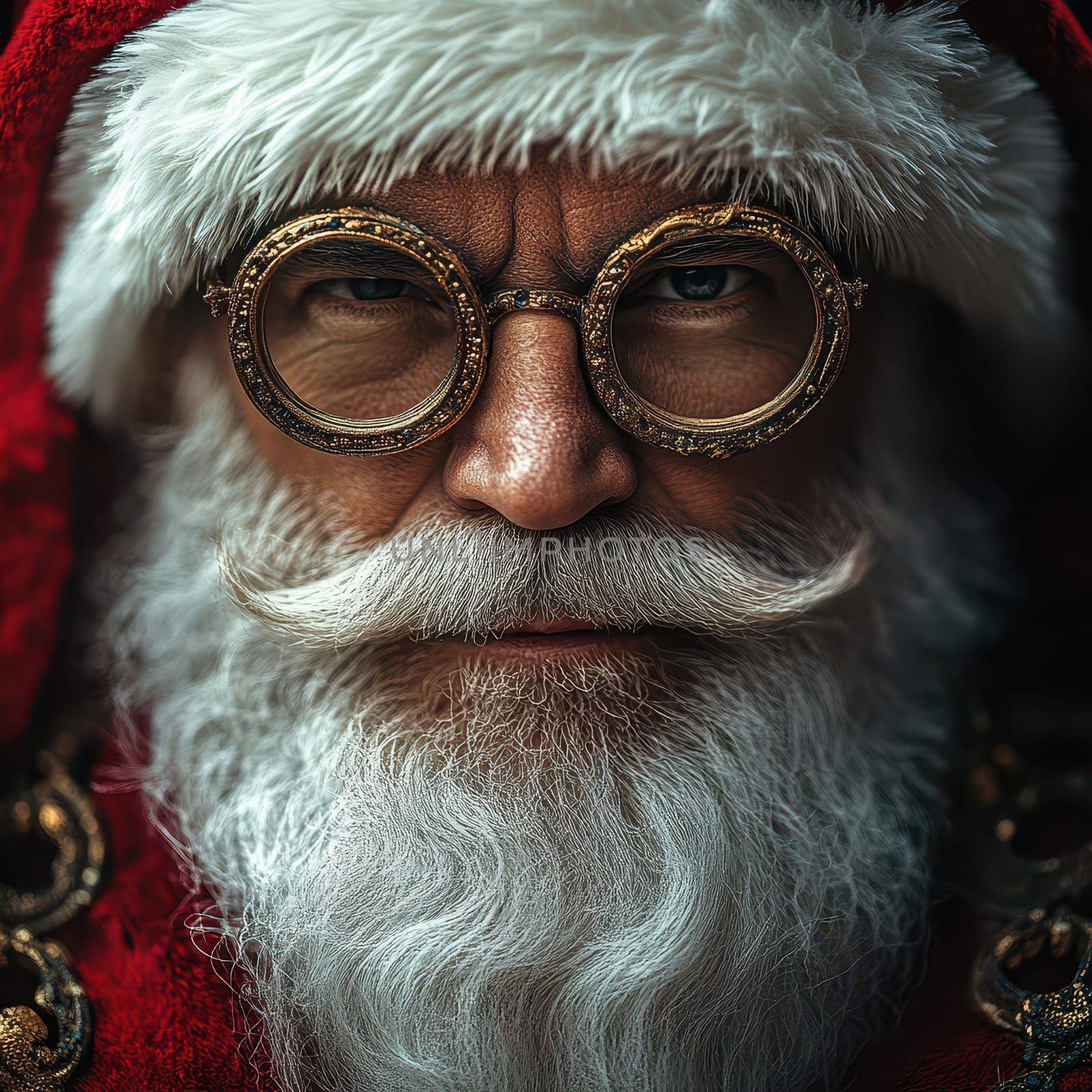 A joyful Santa Claus with round glasses and a thick white beard looks warmly at the viewer embodying the spirit of the holiday season.