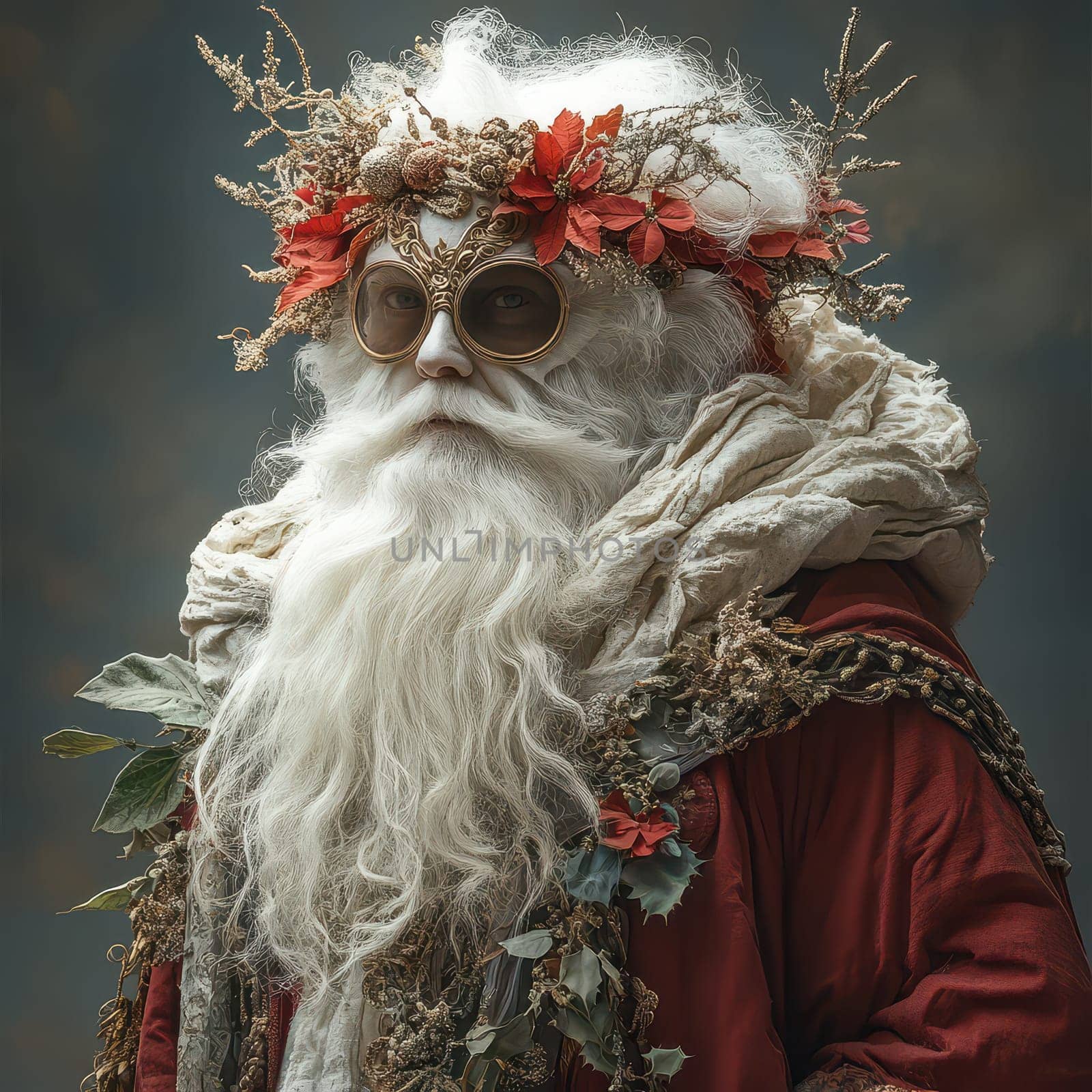 A mystical figure adorned with a floral crown and sunglasses stands in a wintry setting blending nature with holiday charm during winter.